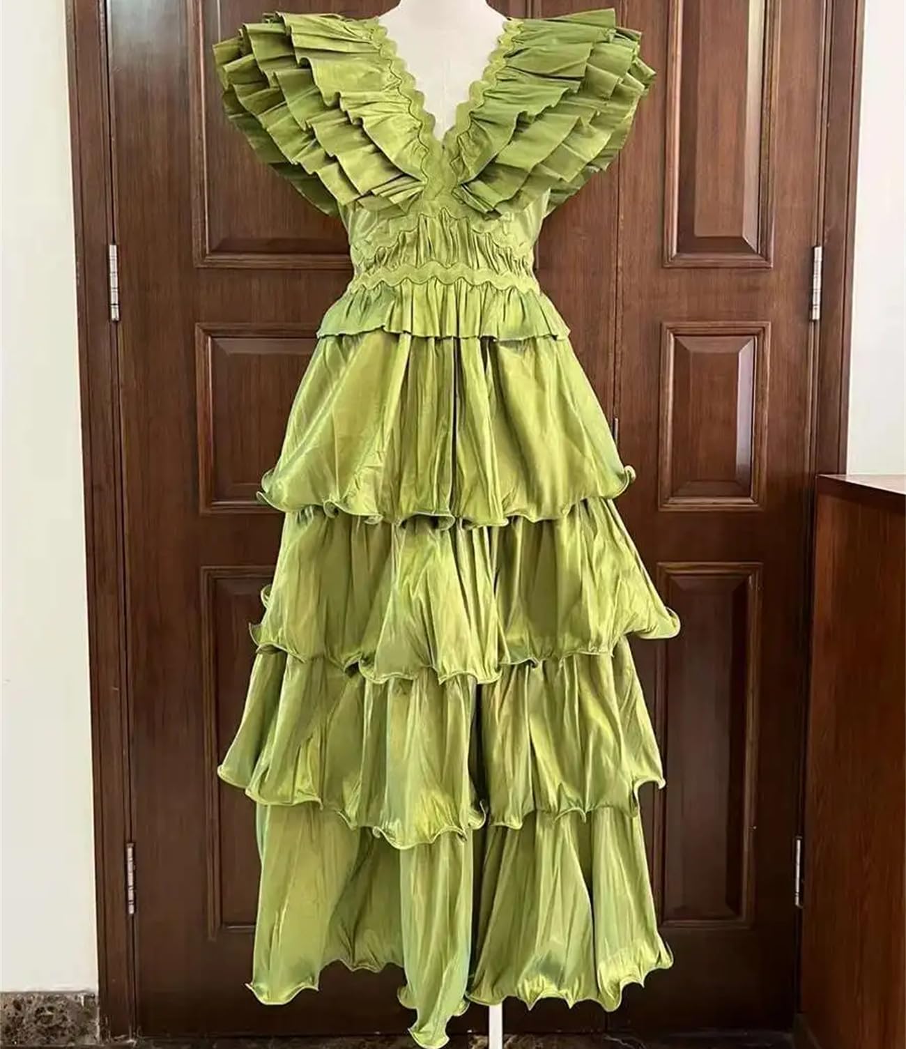 Abiti da donna con volant patchwork solido per donna scollo a V senza schienale a vita alta impiombato abito in pizzo