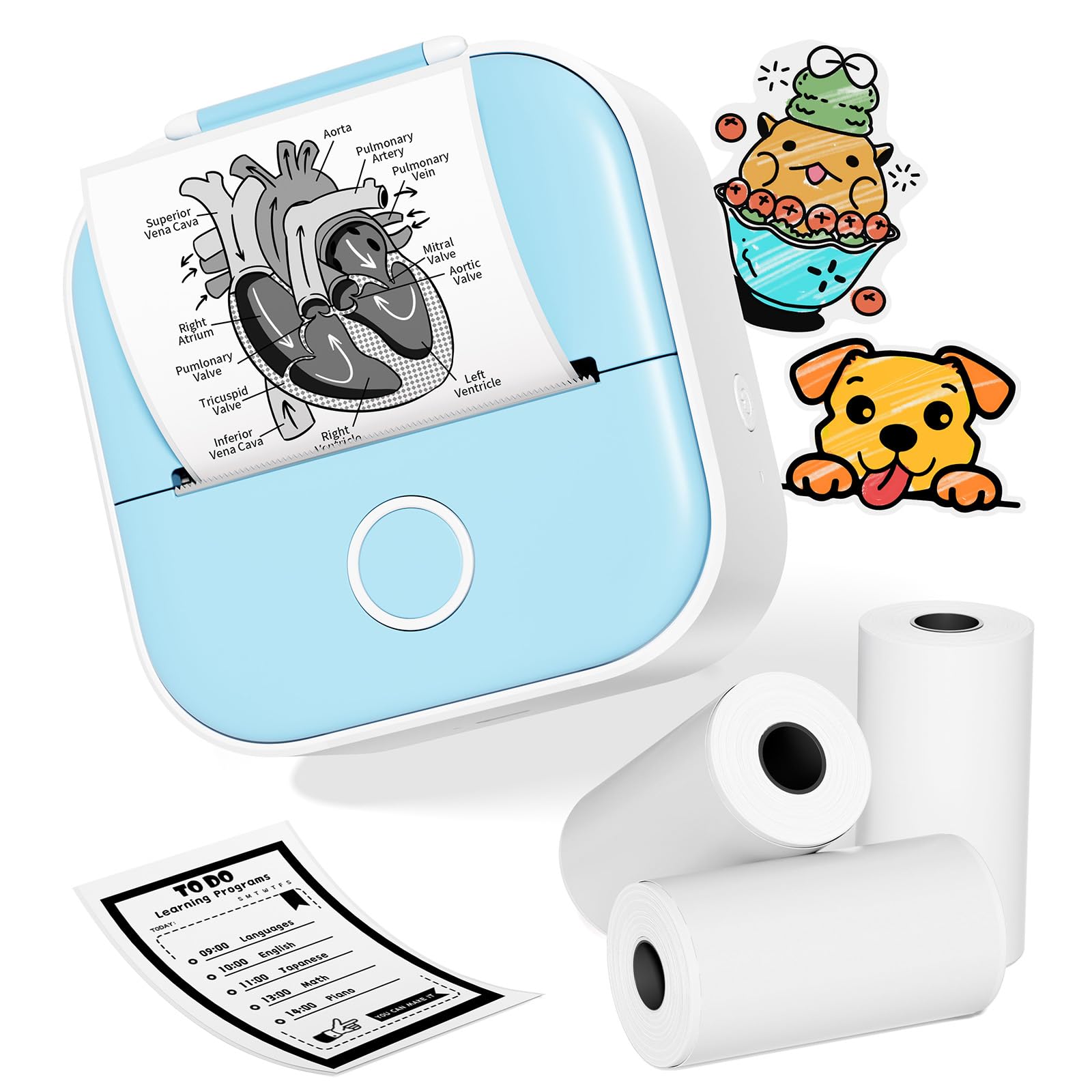 Print Pods Mini Printer - Sticker Printer Machine, T02 Mini Pocket Printers Portable Thermal Printer Inkless Sticker, Mini Printer with 3 Rolls Thermal Paper for Study Note, Journal, Memo