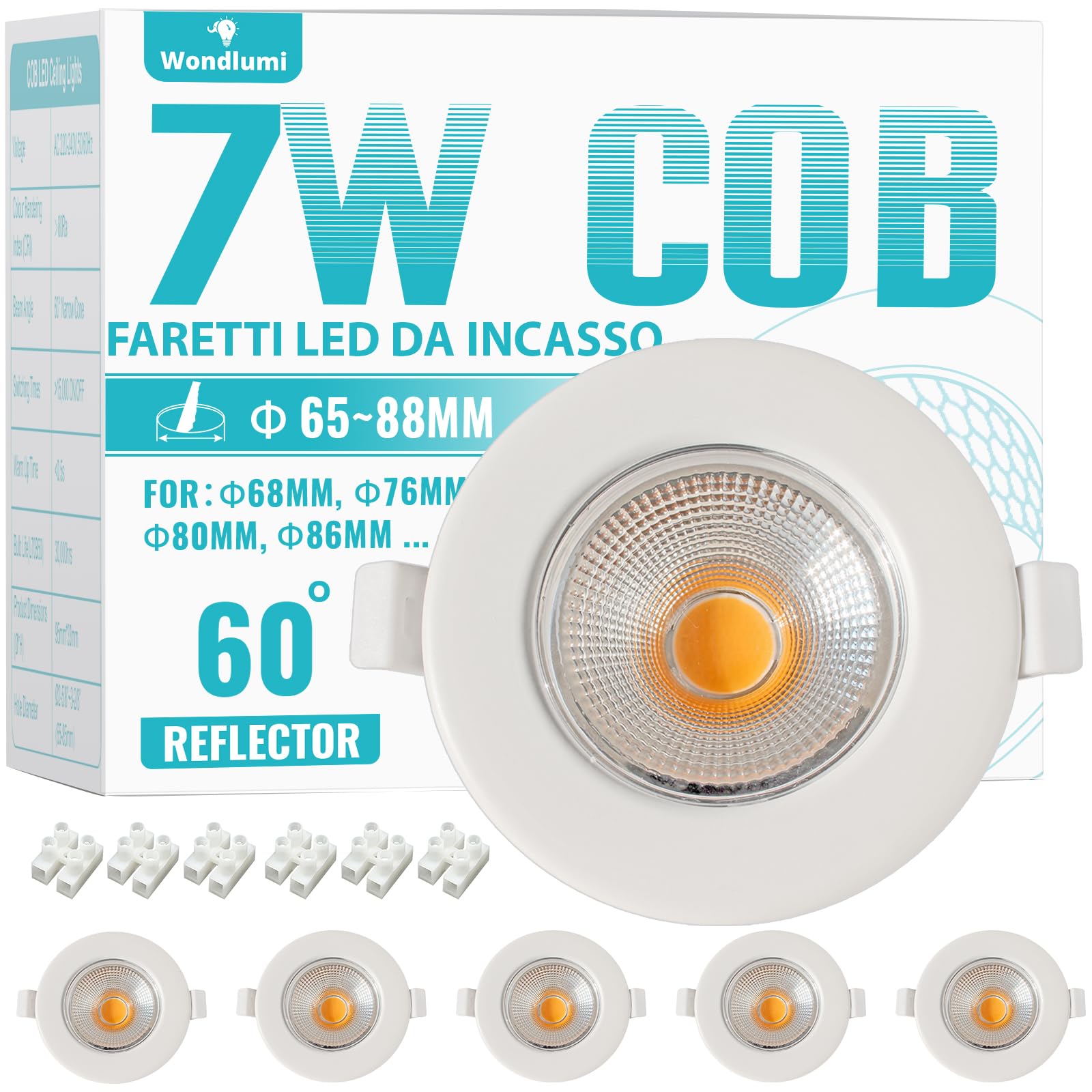 6x 7W Faretti LED da Incasso per Cartongesso,600LM Foro 65-85mm Luce Calda 3000K per Cucina,Interno,Faretti Led Soffitto COB 220V Equivalenti a 65W