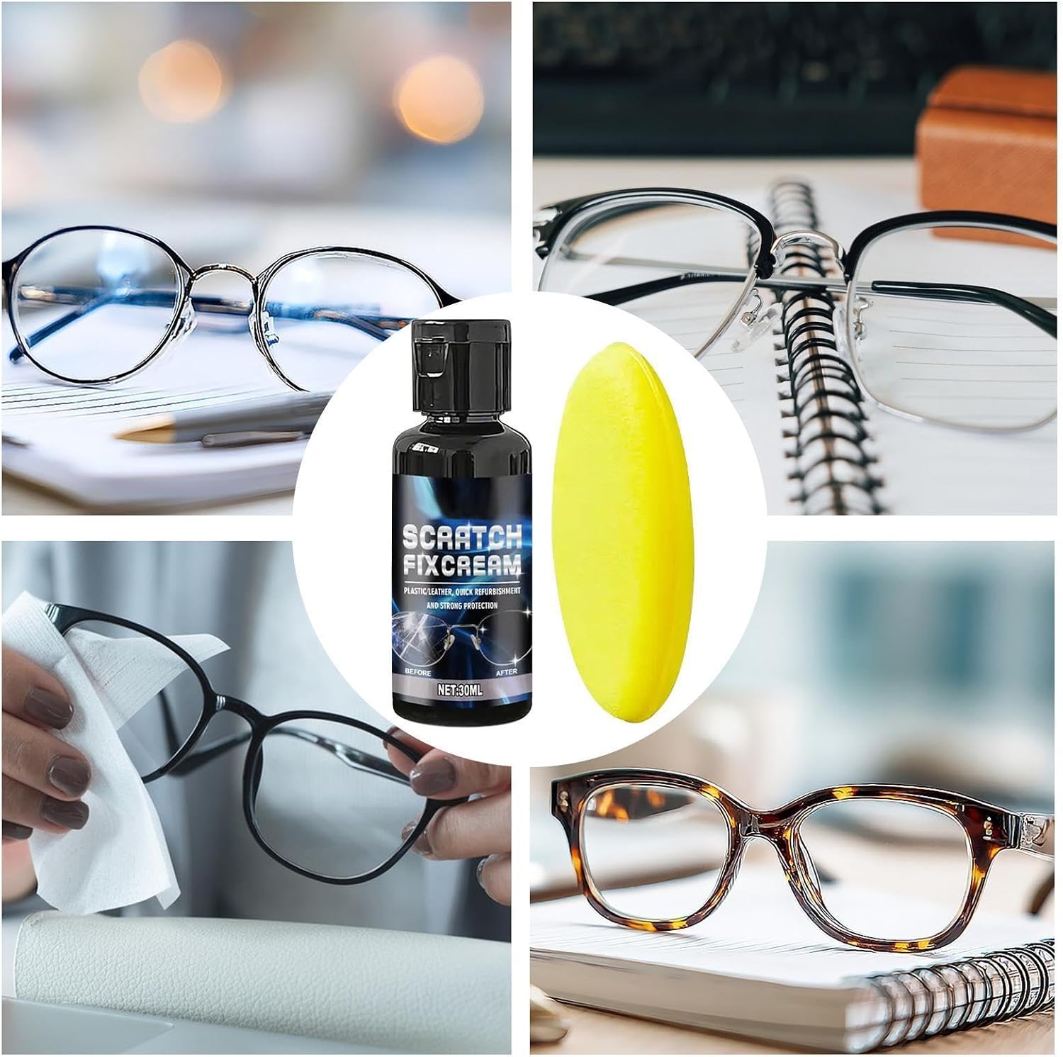 Glasses Scratch Remover - Liquid Cleaner Polishing, 3.23x1.14x1.18 Inch Lens Scratch Remover with Density Foam Sponge, Screen Phone Repair Solution, Watch Sunglasses Paste for Camera