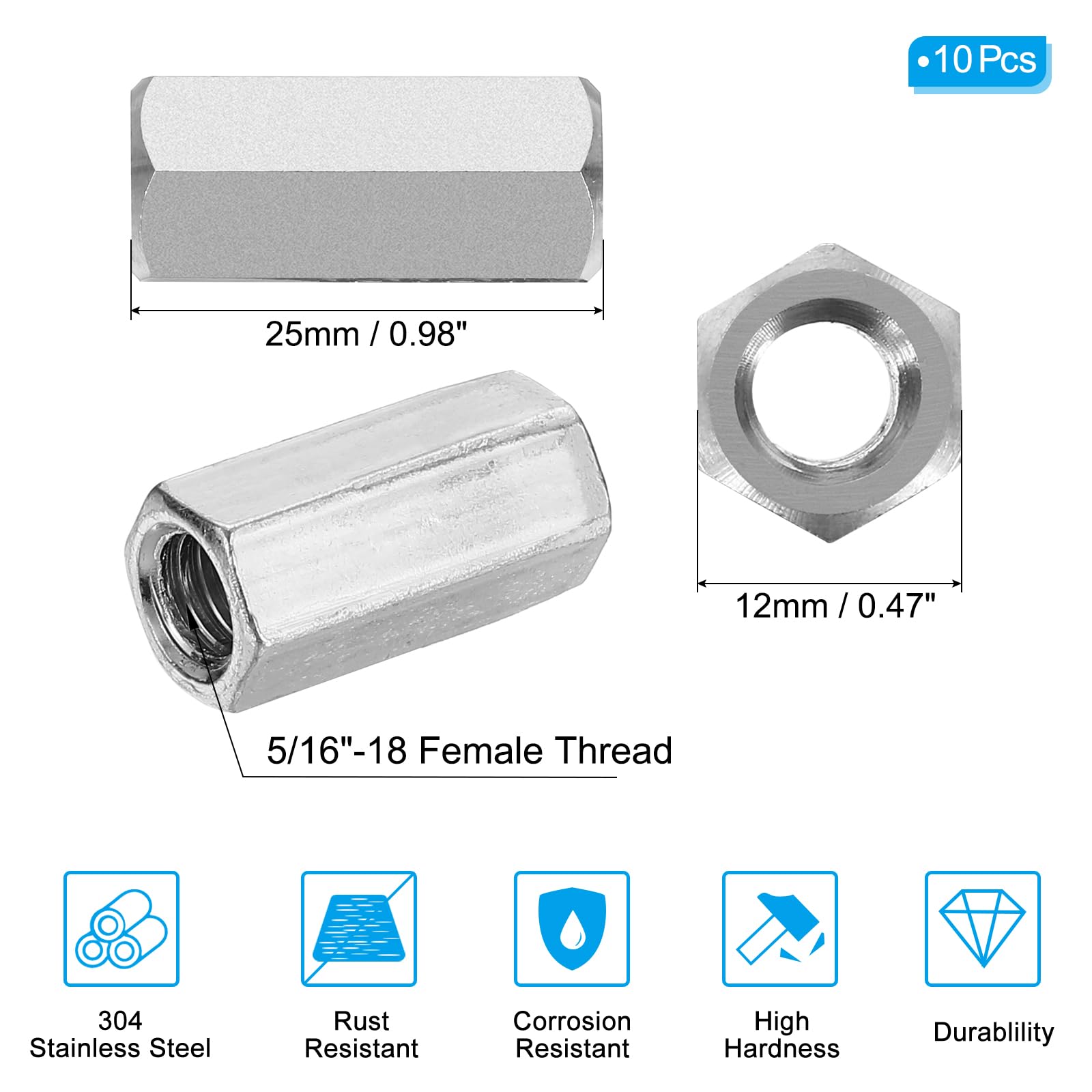 PATIKIL 5/16"-18 UNC Hex Coupling Nuts - Image 2