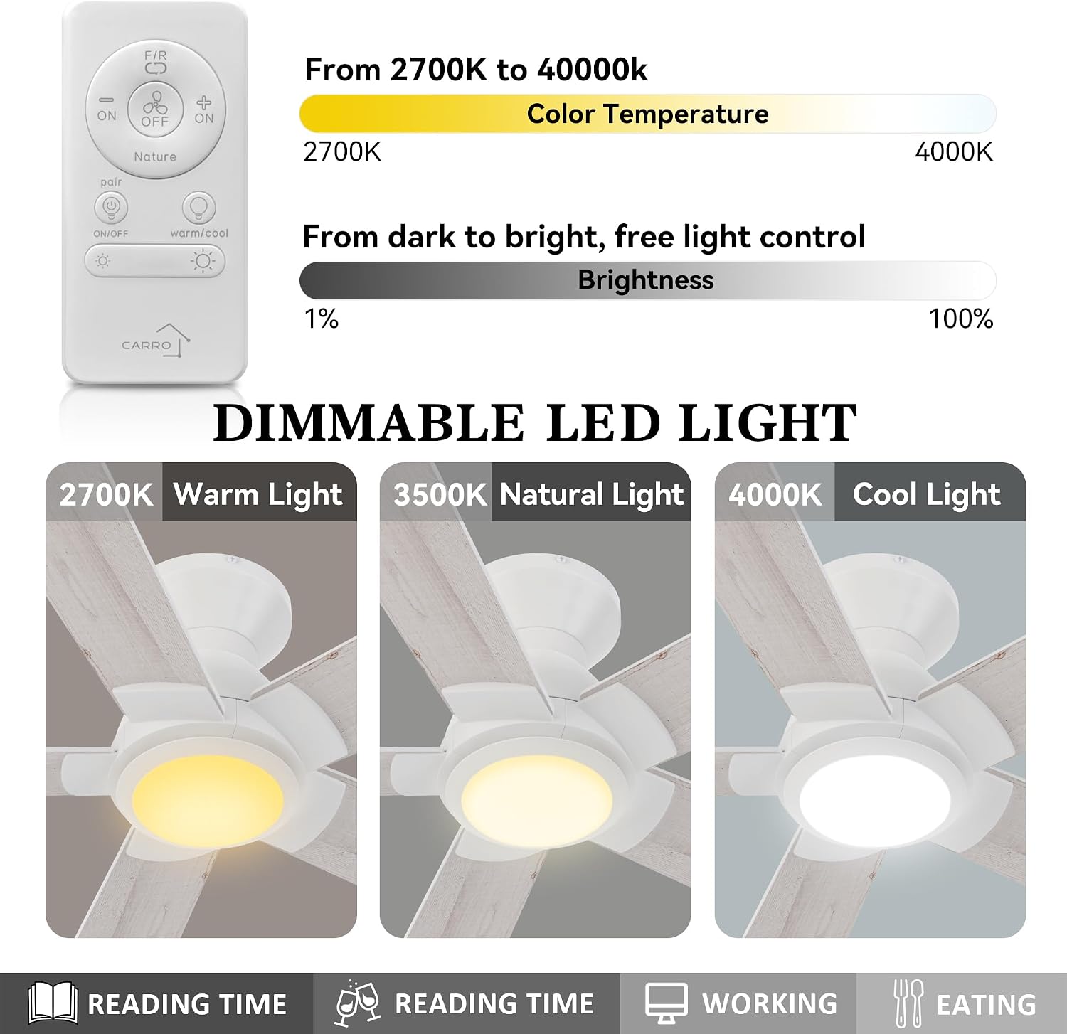 52" Flush Mount Ceiling Fan with Remote 3 Color LED Light Temperatures,10-speed Reverse DC Motor Low Profile Quiet Ceiling Fan, Reversible Plywood Blades For Bedroom,Living Room(White Maple/White)