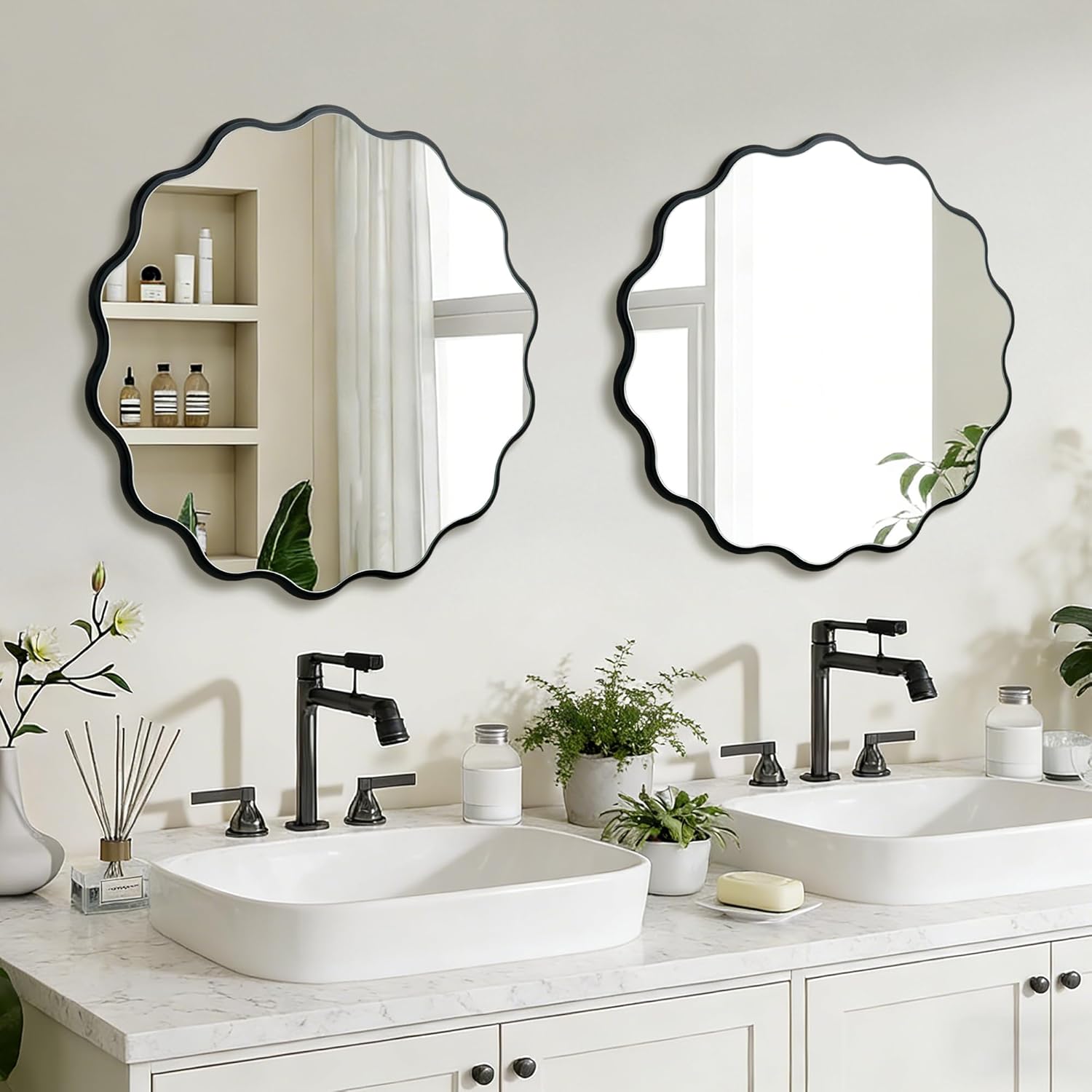 Round Wavy Black Mirror 17" Wall Decorative Mirror Wood Frame Circle Modern Mirror Bathroom Vanity Mirror for Bathroom Entryway Living Room Bedroom Hallway