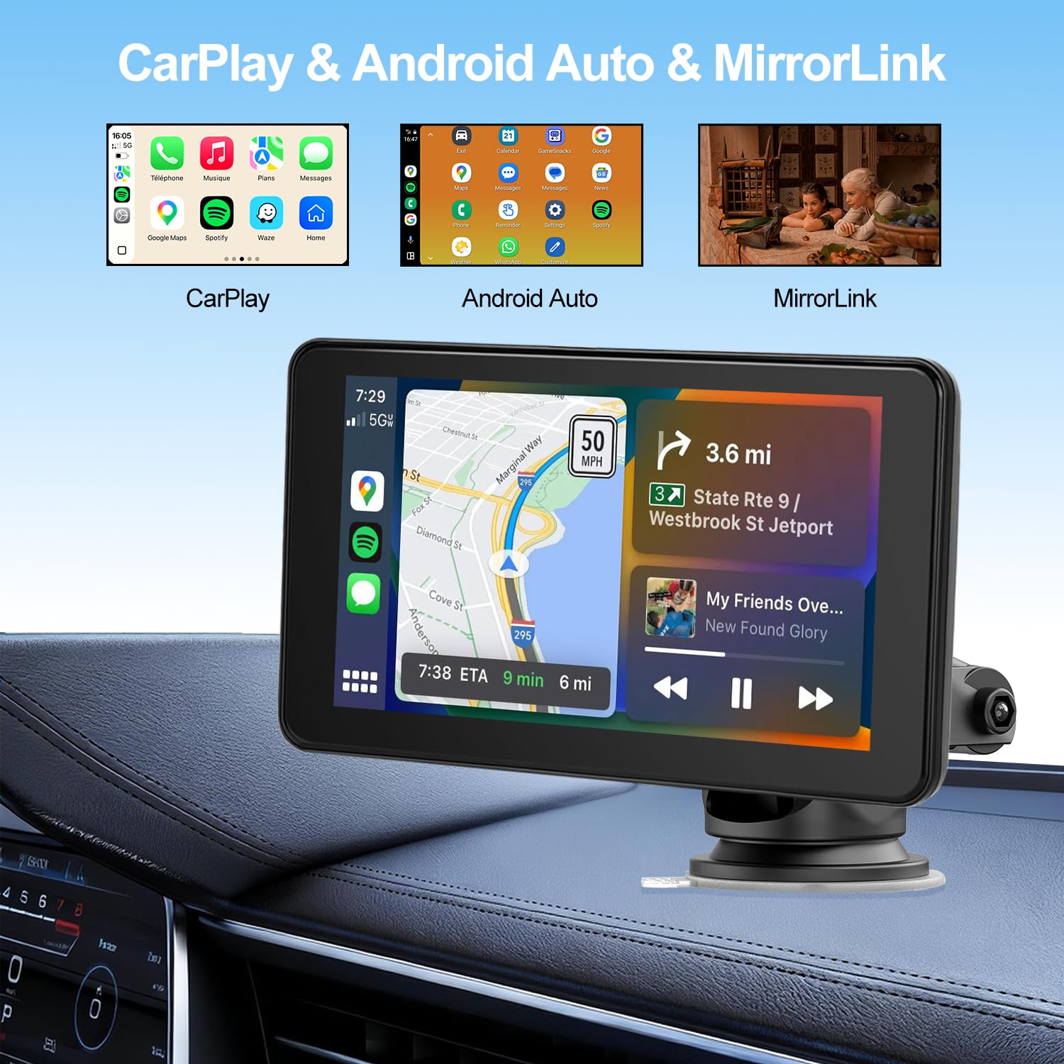 CarPlay Voiture, Portable Autoradio CarPlay & Android Auto sans Fil, Stéréo de Voiture 7 Pouces Écran Tactile avec GPS Navigation, Contrôle Vocal, Bluetooth Appels avec Mains Libres, FM, MirrorLink