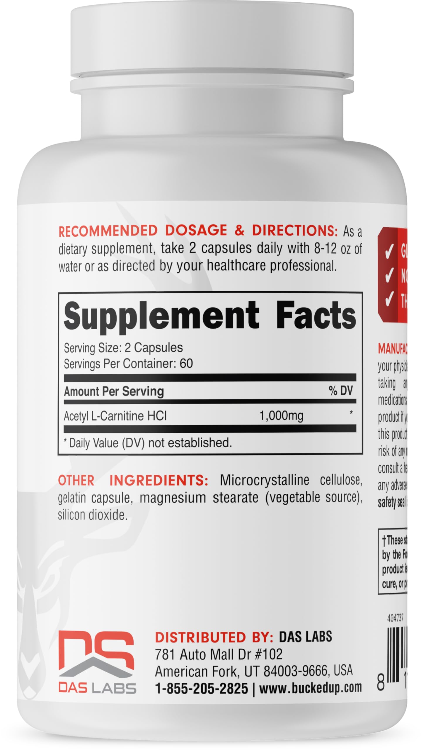 Amazon.com: Bucked Up Acetyl L-Carnitine 1000mg Per Serving, Supports Brain  Function Essentials (60 Servings, 120 Capsules) : Health & Household