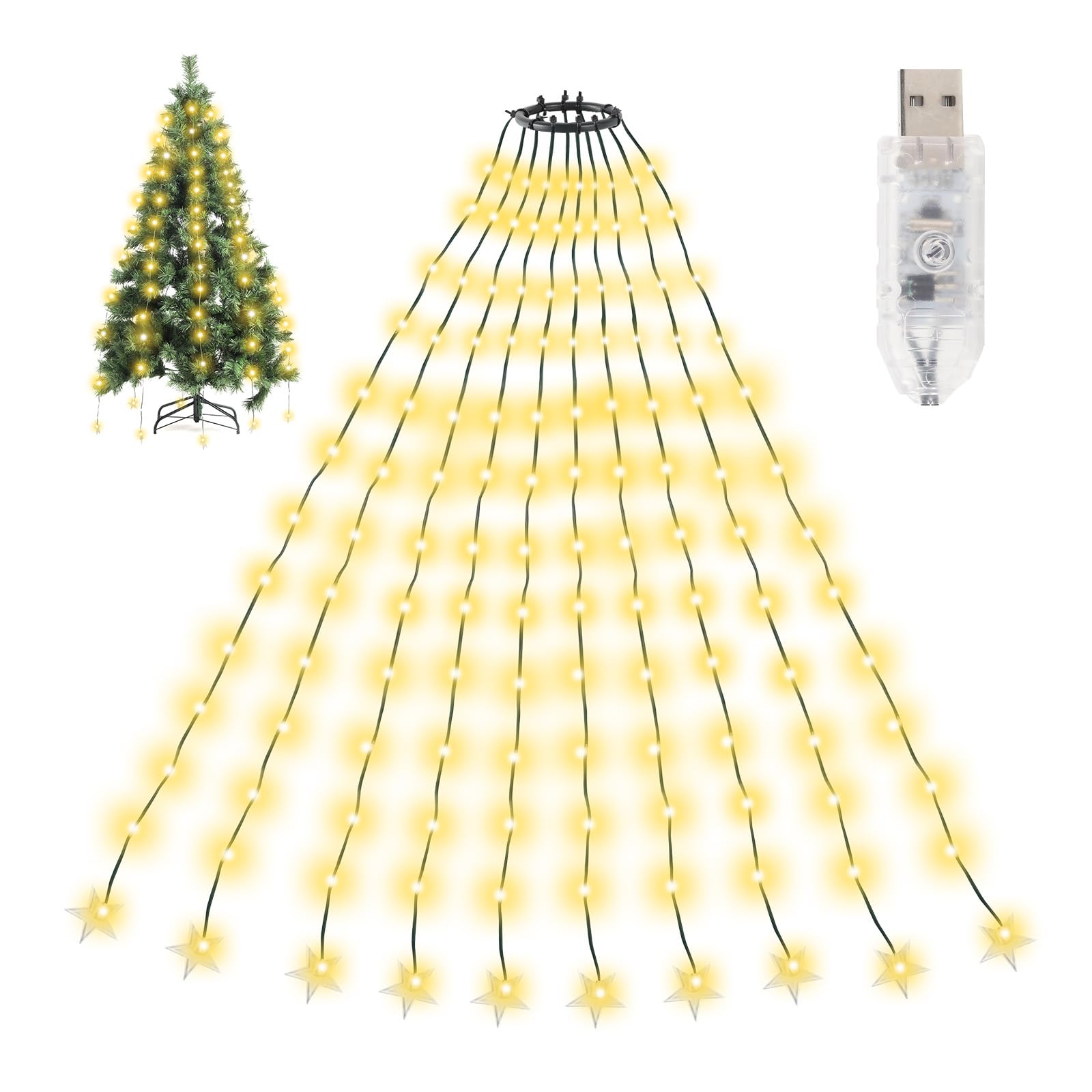SALCAR Christmas Tree Lights, 2m x 10 Strands 200 Warm White LED Fairy Lights for 6-8ft Xmas Trees, USB Powered with 8 Modes, Timer, Memory, Easy Install for Indoor/Outdoor Decorations