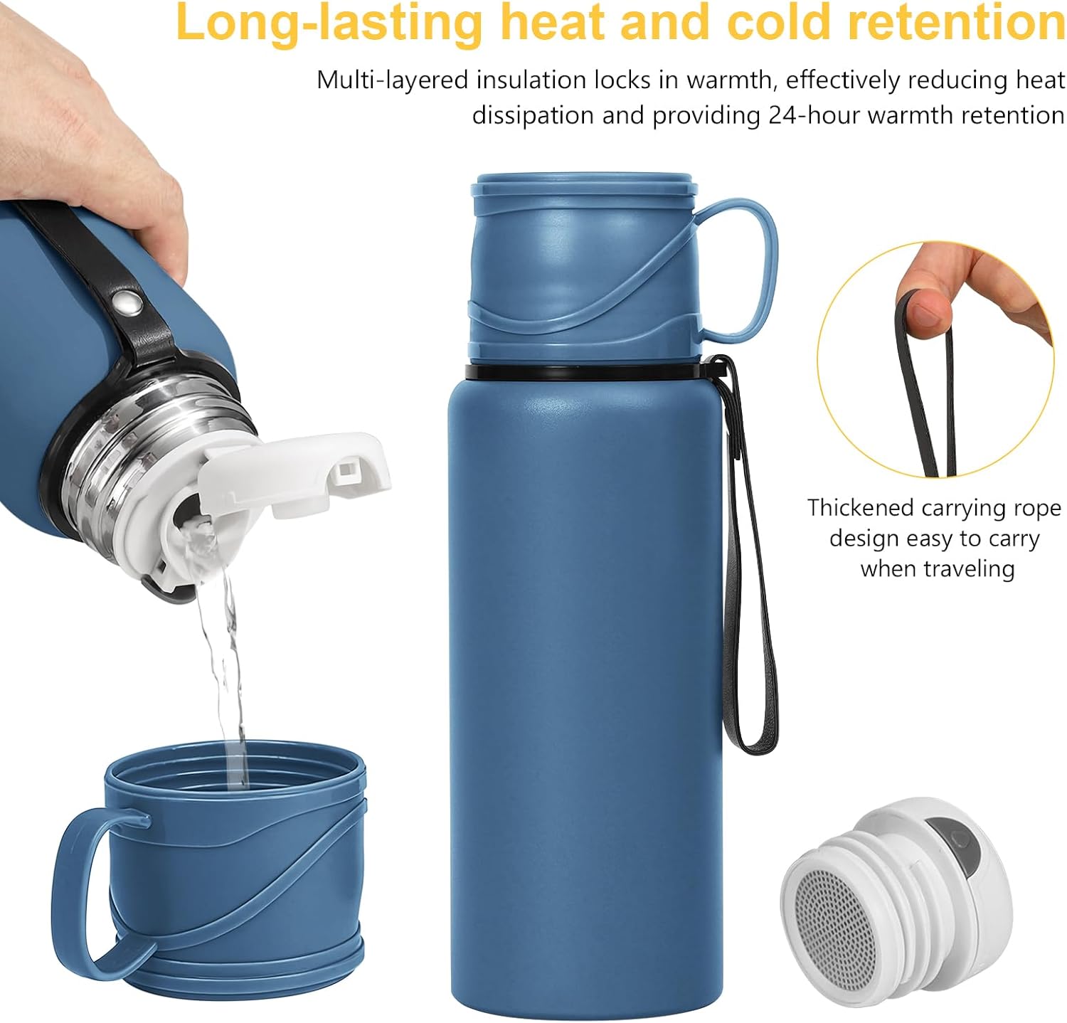 800 ml Double wall vacuum Leakproof stainless steel wide mouth insulated water bottle,tea tumbler with tea strainer,cup and lid; travel coffee thermoses hot drinks,cold thermal flask