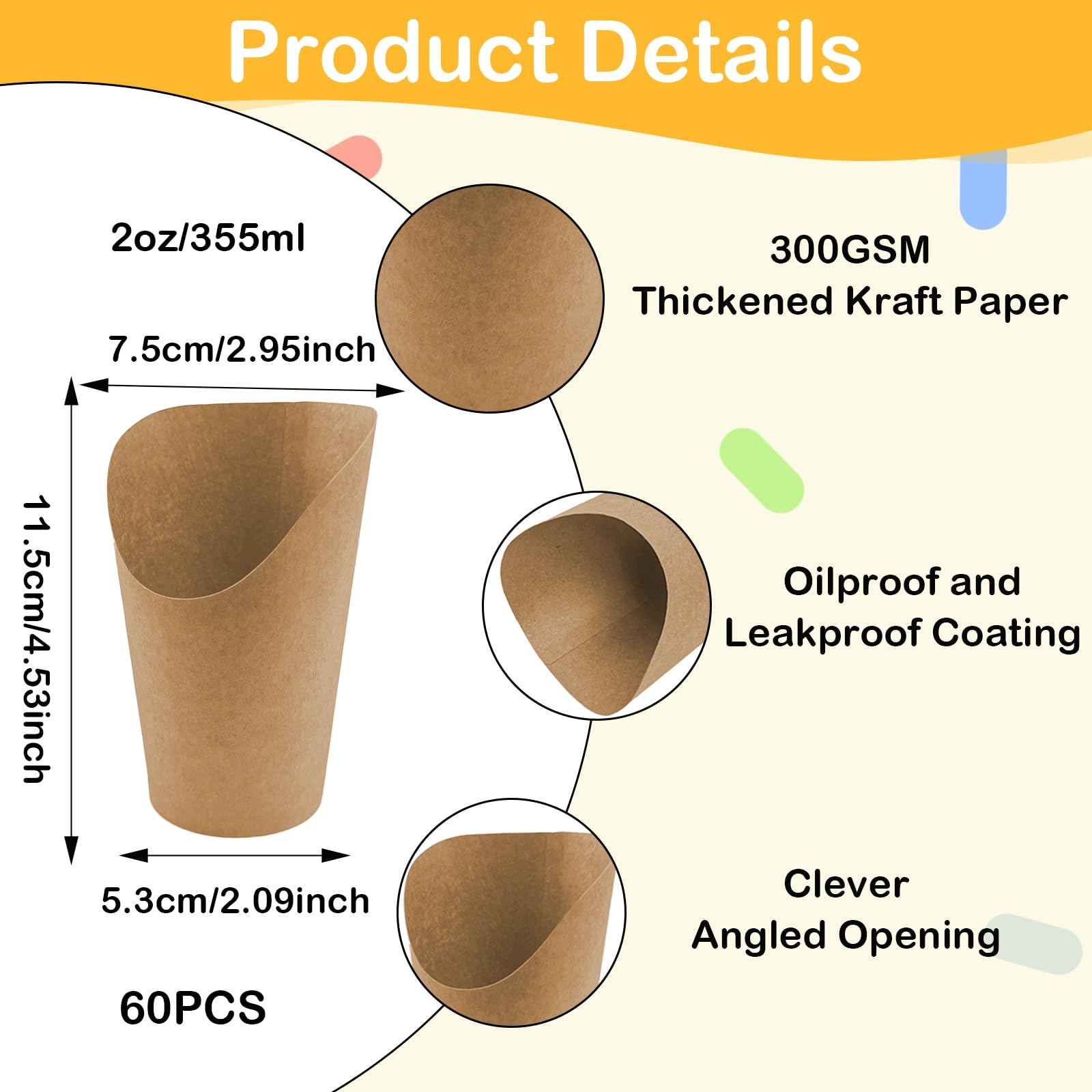 60Pcs Kraft Paper French Fries Holder, 12oz Disposable Charcuterie Cups, Paper Popcorn Waffle Snacks Holder - Image 2
