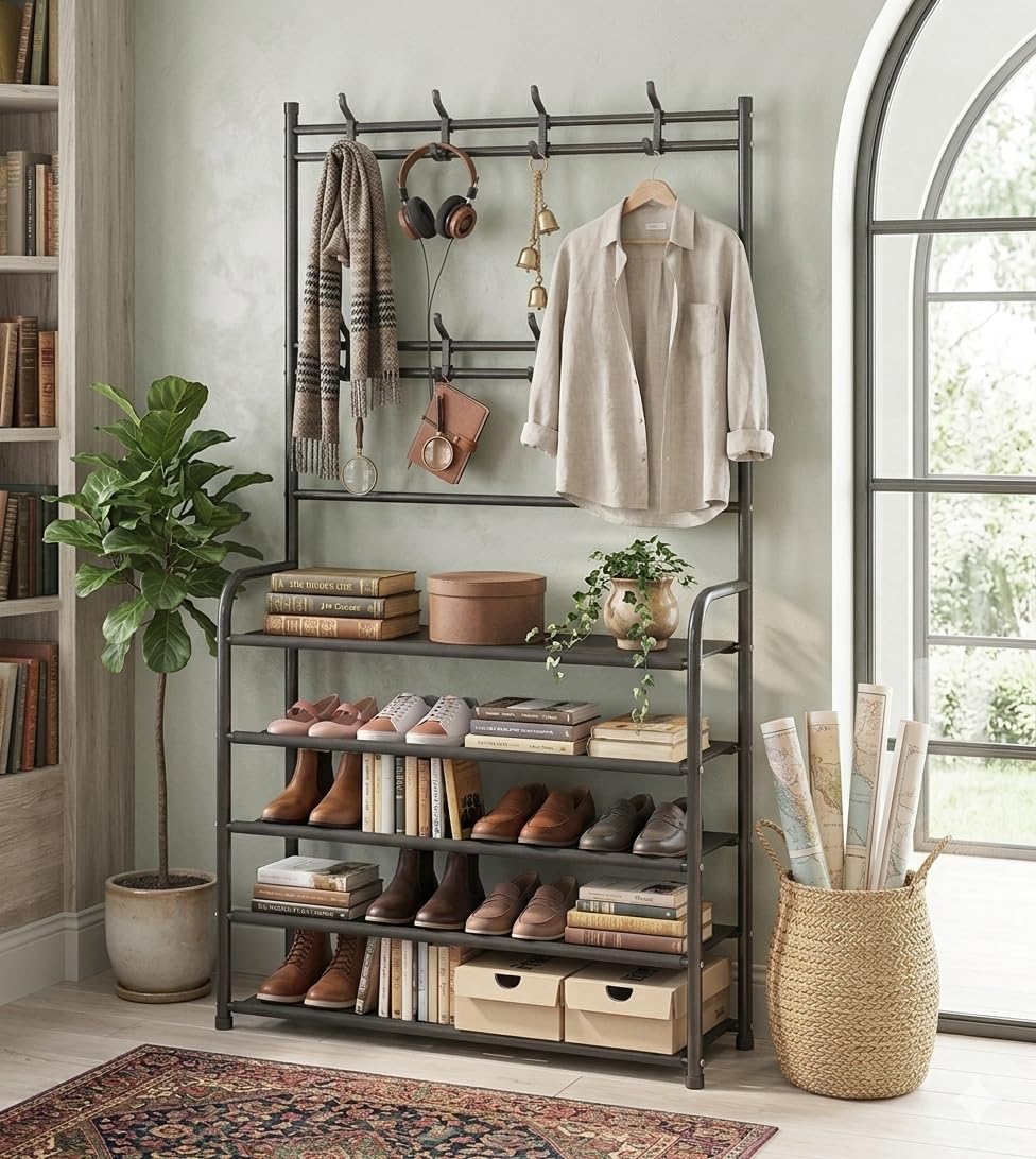 Sterling Coat Rack Shoe Rack Hall Tree 3 in 1 Designed of Metal Storage Rack with Bag, Coat, Hat, Shoe Rack Fits Your Hallway, entryway with 4-Tier Shelf for Storage Shoes, Clothes (Black)-image-12