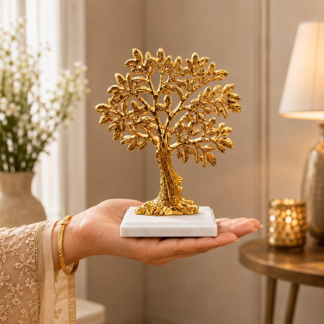 Niyara German Silver Gold Finish Kalpavriksha Tree of Life Showpiece with Marble Base | Vastu & Feng Shui Decorative Tabletop for Home, Office & Puja Room | Good Luck, Prosperity Gift-image-25