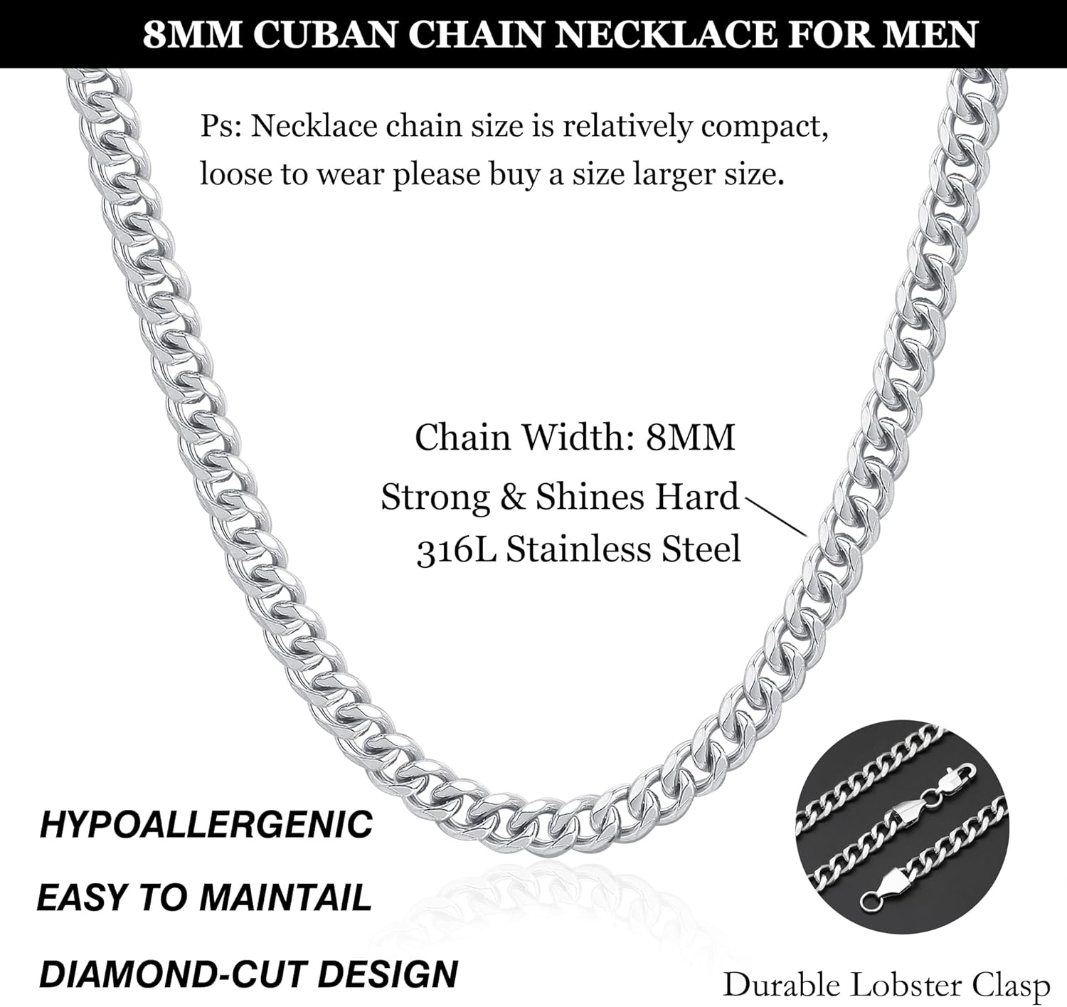 Silver Cuban Link Chain Necklace for Men Stainless Steel Chains for Men Women Miami Tone Diamond Cut Chain Necklaces Accessories Jewelry 4/6/10mm 18/20/22/24/26 Inch - Image 4