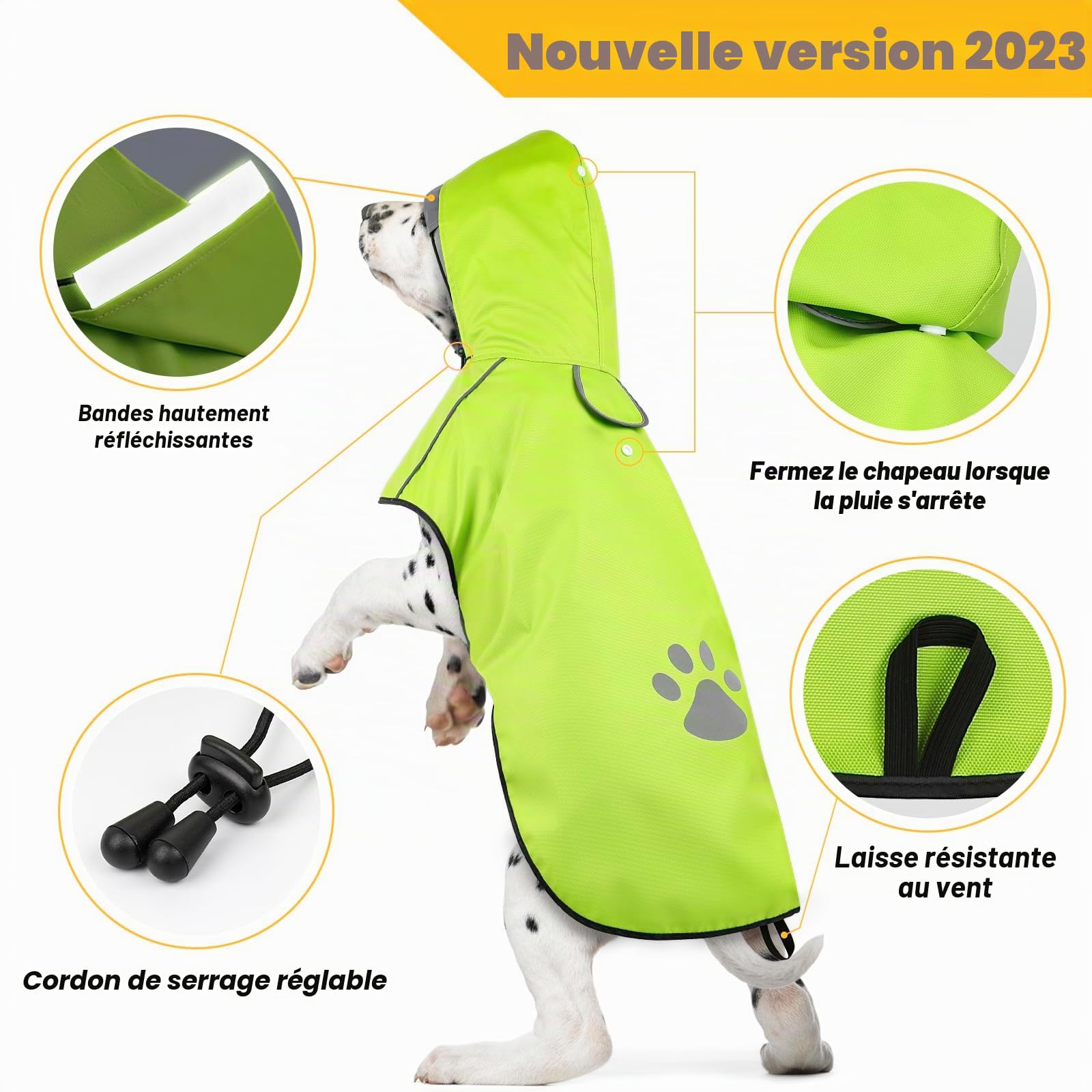 Manteau Chien Imperméable Réglable avec Capuchon, Manteaux Pluie Réfléchissants pour Chiens Petits, Moyens et Gros, 100% Étanche et Aéré