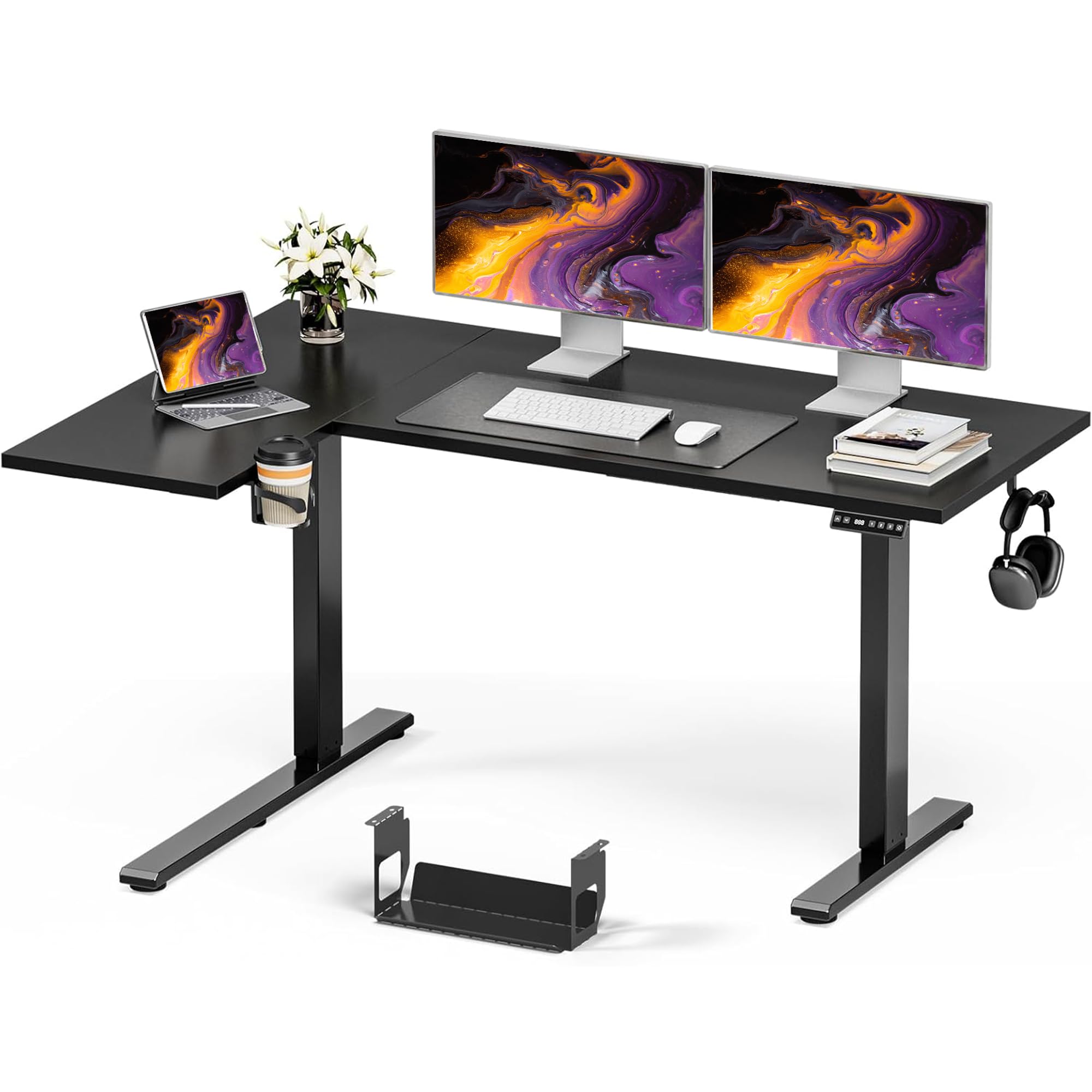 muvai l shaped standing desk with cable management tray, 59 inch height adjustable electric standing corner desk, sit stand up work table for home office, gaming with reversible splice board, black