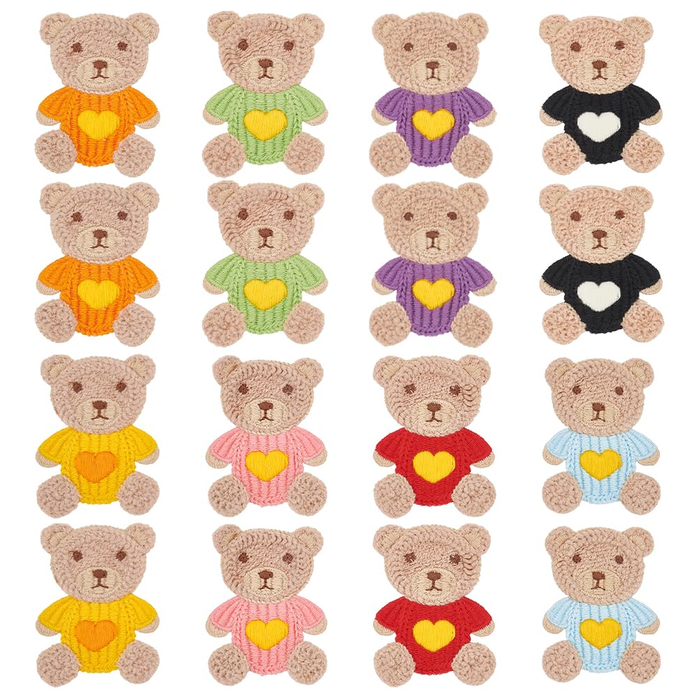 FINGERINSPIRE16 Pcs Little Bear Crochet Knitted Cloth Patch 8 Colors Crochet Bear Applique Patches Cartoon Bear Pattern Sew On Patches Repair Patch for Jackets Dress Clothes Bags DIY Accessories