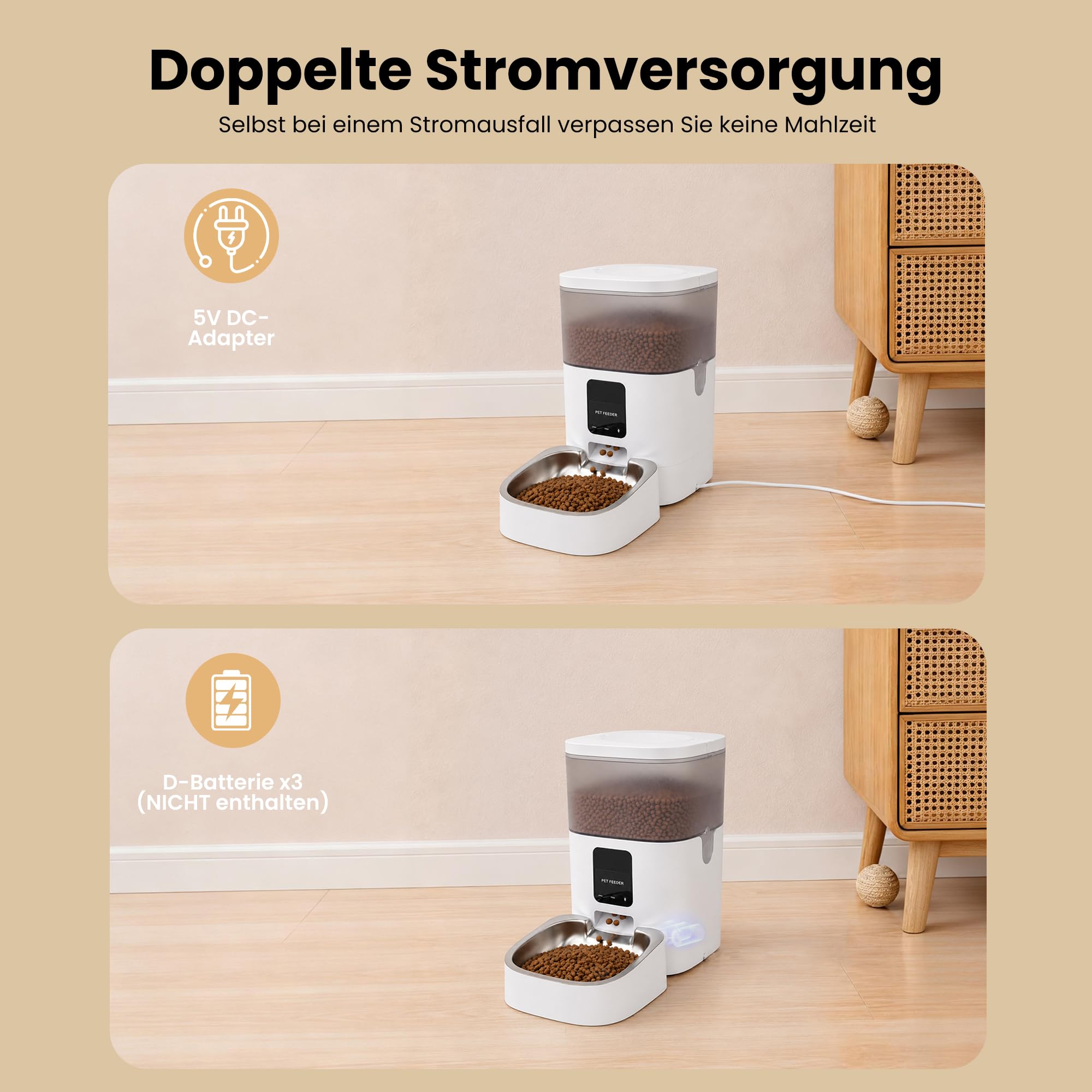 Futterautomat Katze, 4L Katzenfutter Automat, 2,4 G WiFi Katzen Futterautomat mit APP Steuerung, Futterspender Katze mit Edelstahlnapf für Katzen & Hunde, Weiß