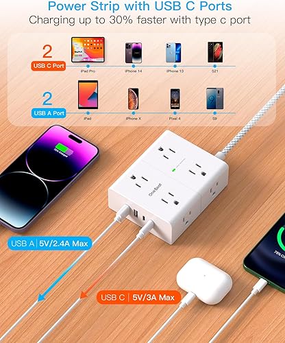 Miniatura 4 de Cable protector de sobretensiones de 6 pies, cable de extensión plano con 8 tomas, 4 puertos USB (2 USB C), 1080 J, extensor de enchufe de pared,