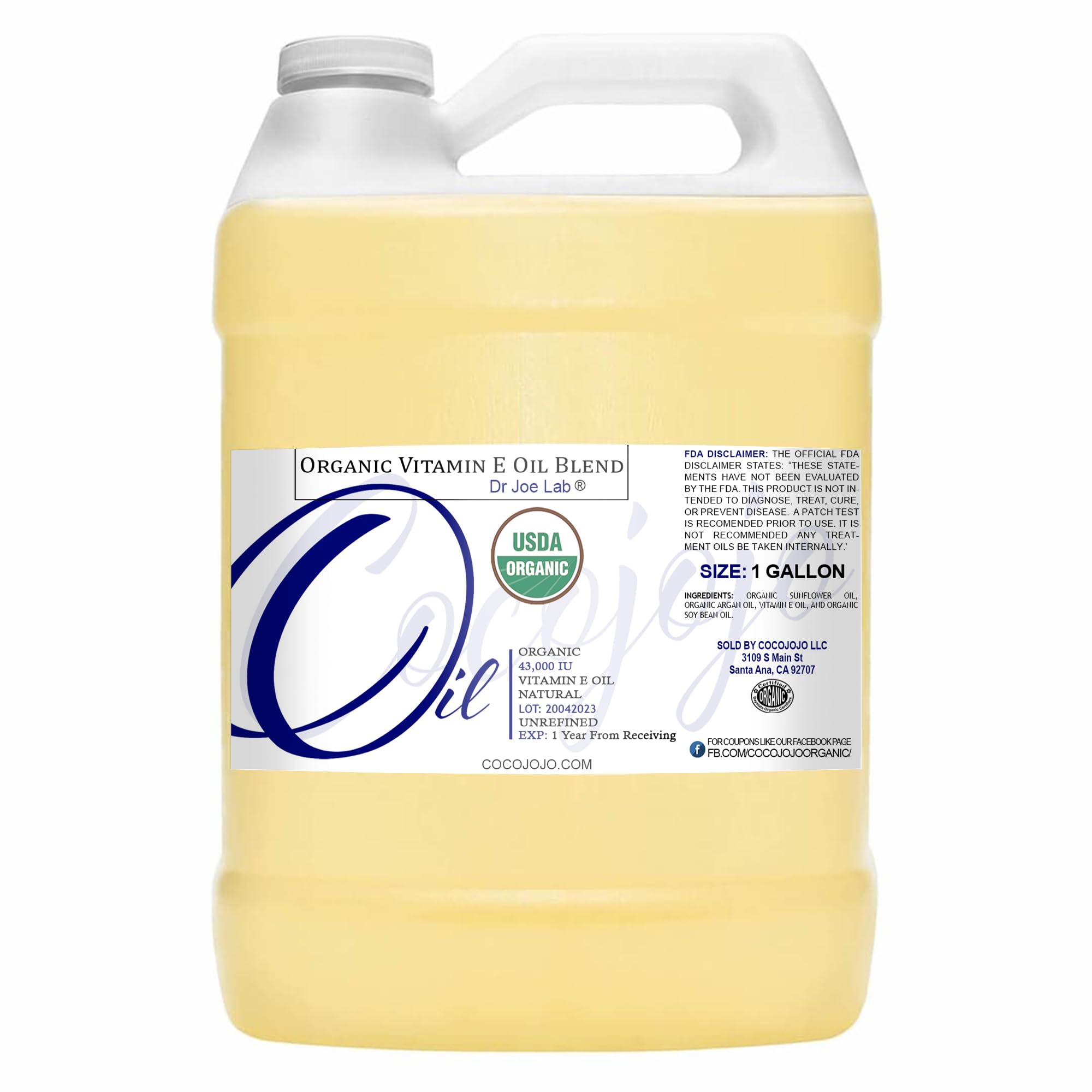 Dr Joe Lab Organic Vitamin E Oil Hydration - USDA Certified Natural, Non-GMO, Vegan, Cruelty-Free - for Face, Skin, Hair, Body, Nails, Cuticles, and Locs -128 oz