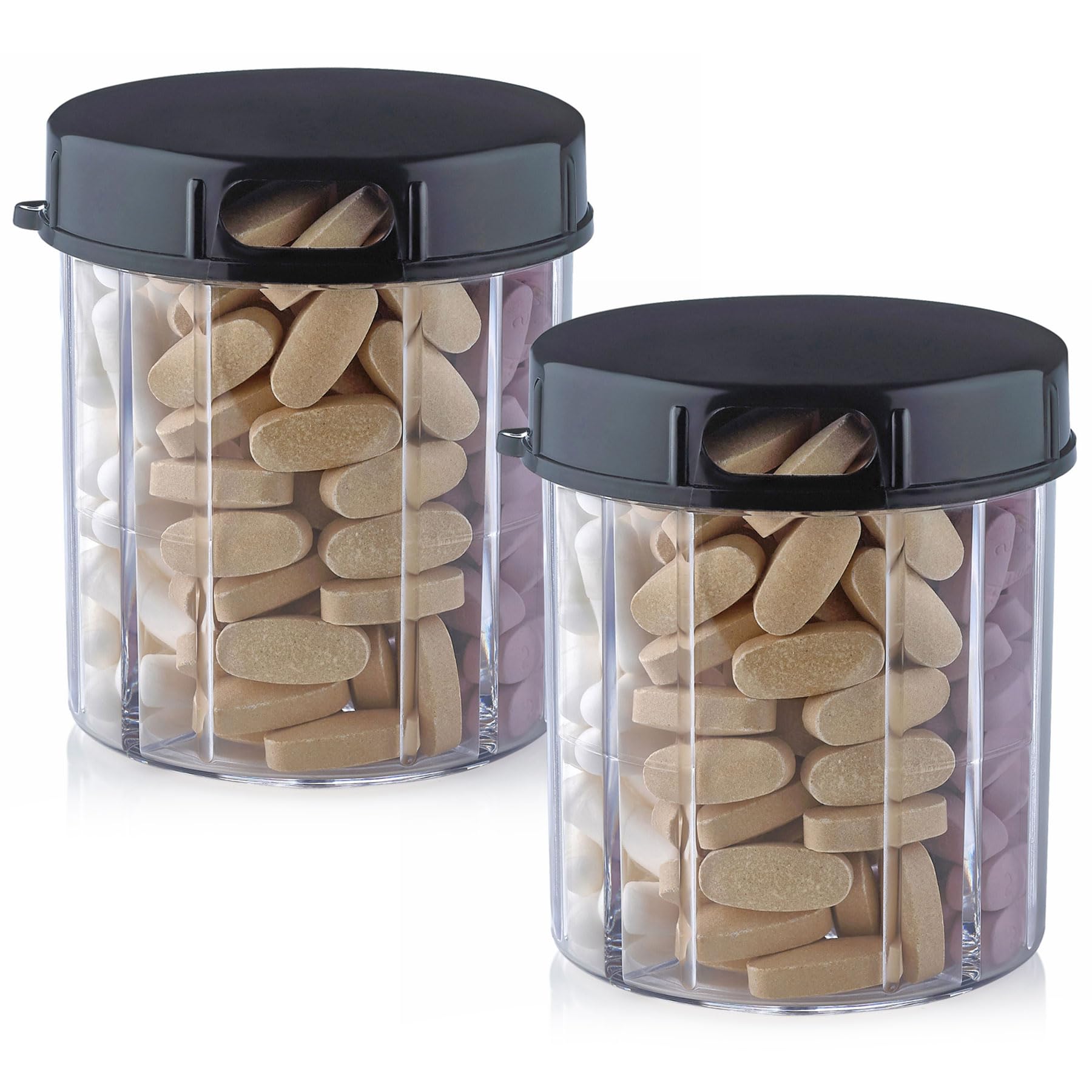 Set di 2 portapillole rotonde con 4 scomparti per medicinali, vitamine e integratori alimentari, colore: nero e trasparente, confezione da 2 pezzi