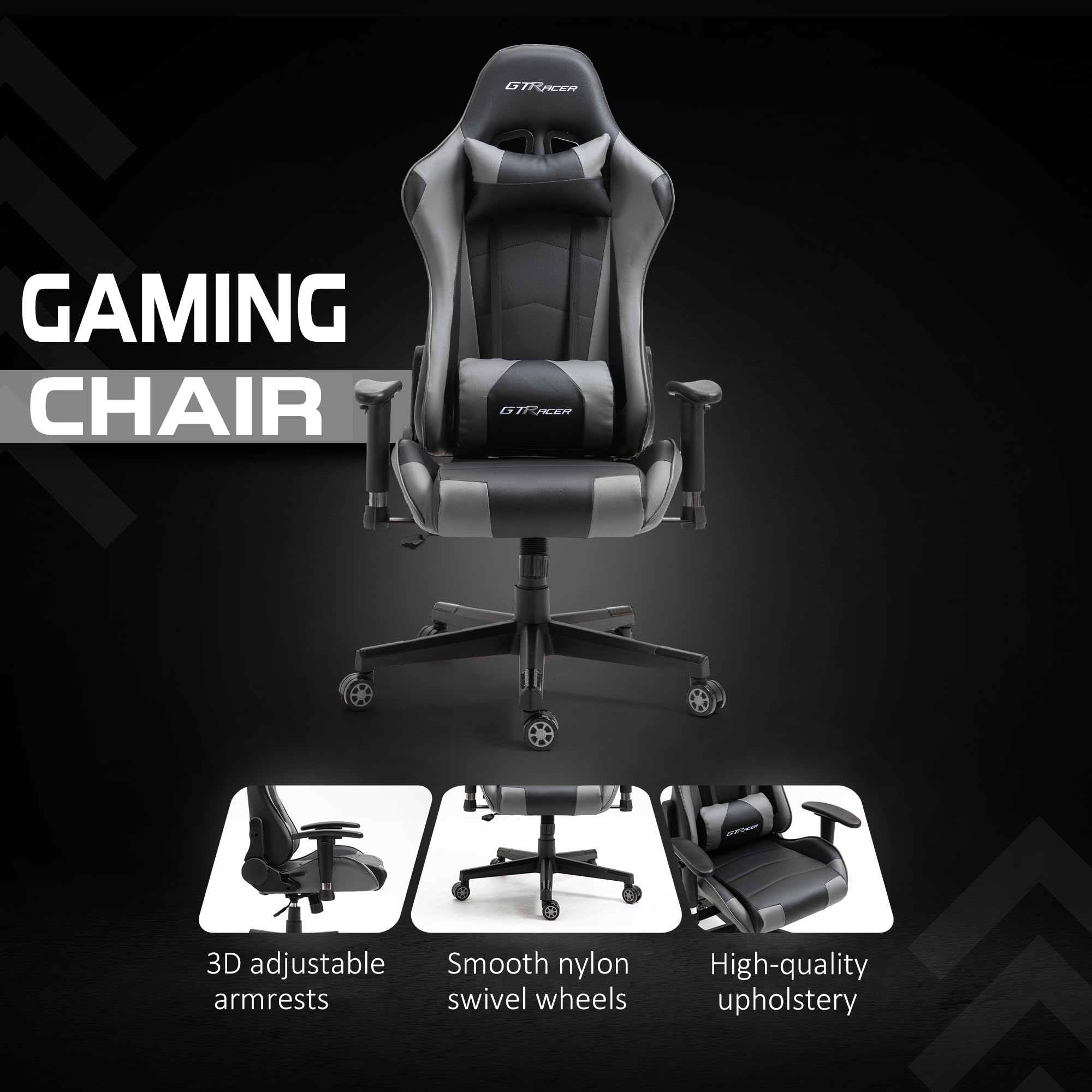 GTRACER Pro Gaming - Silla de oficina ergonómica con reposabrazos ajustables, piel sintética, incluye cojín lumbar y almohada (negro y gris)