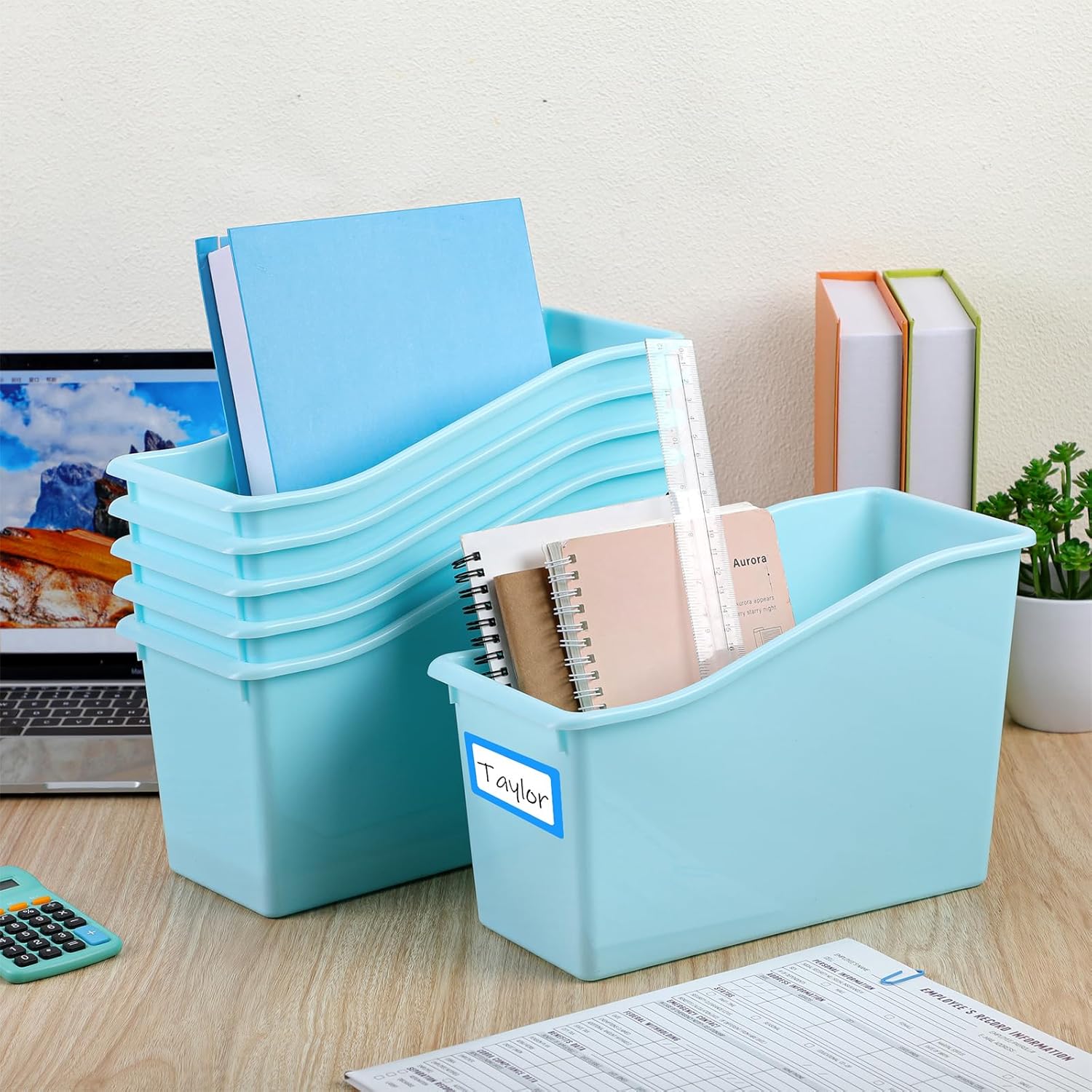 Jinei 24 Pack Waterspout Color Book Bins for Classroom Bulk Binder Holders with Name Labels Plastic Organization Book Baskets Teacher Storage Boxes for Classroom Home Office