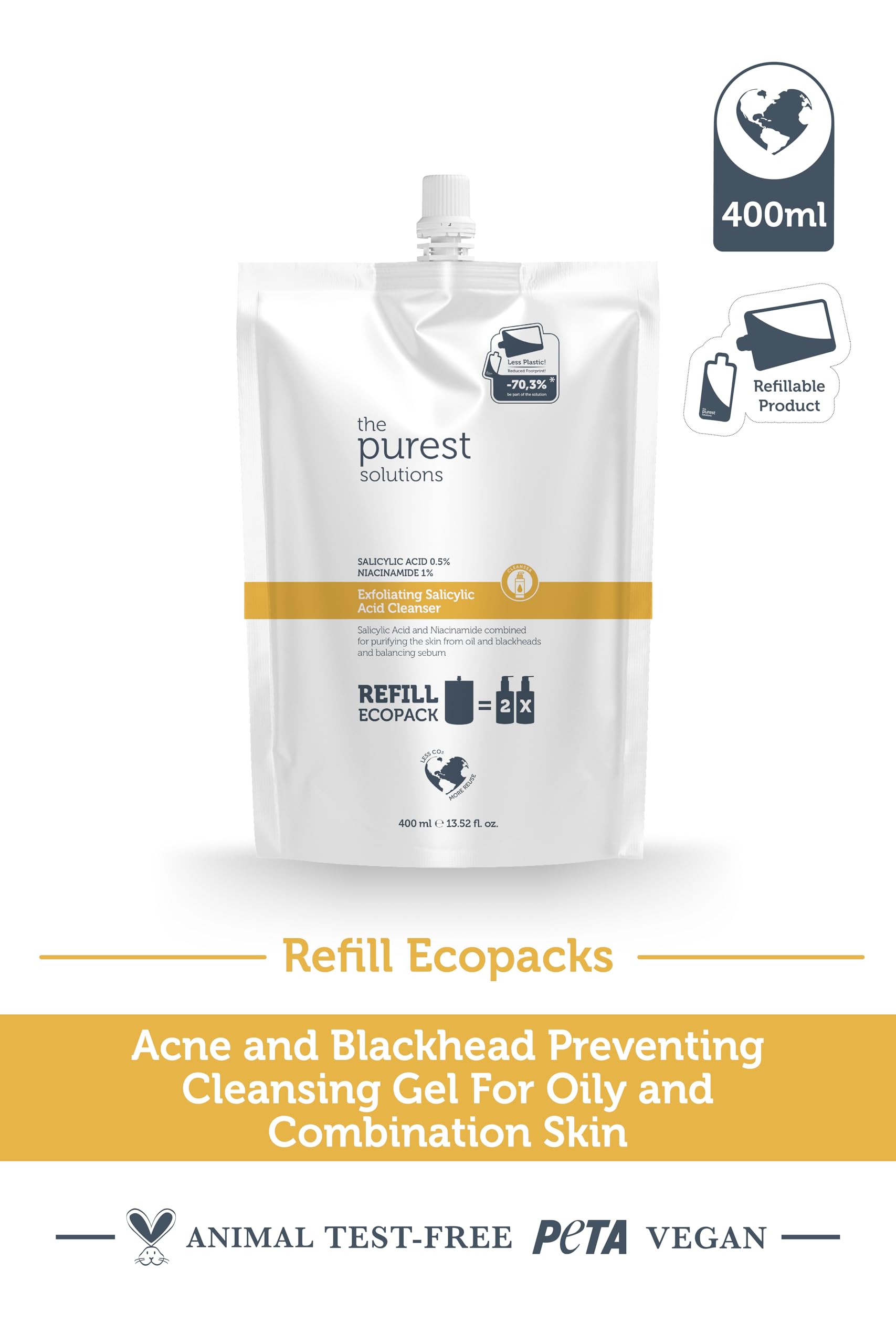 The Purest Solutions Sivilce Ve Siyah Nokta Karşıtı Yağlı Karma Ciltler Temizleme Jeli Ekolojik Yedek Paket 400 ml