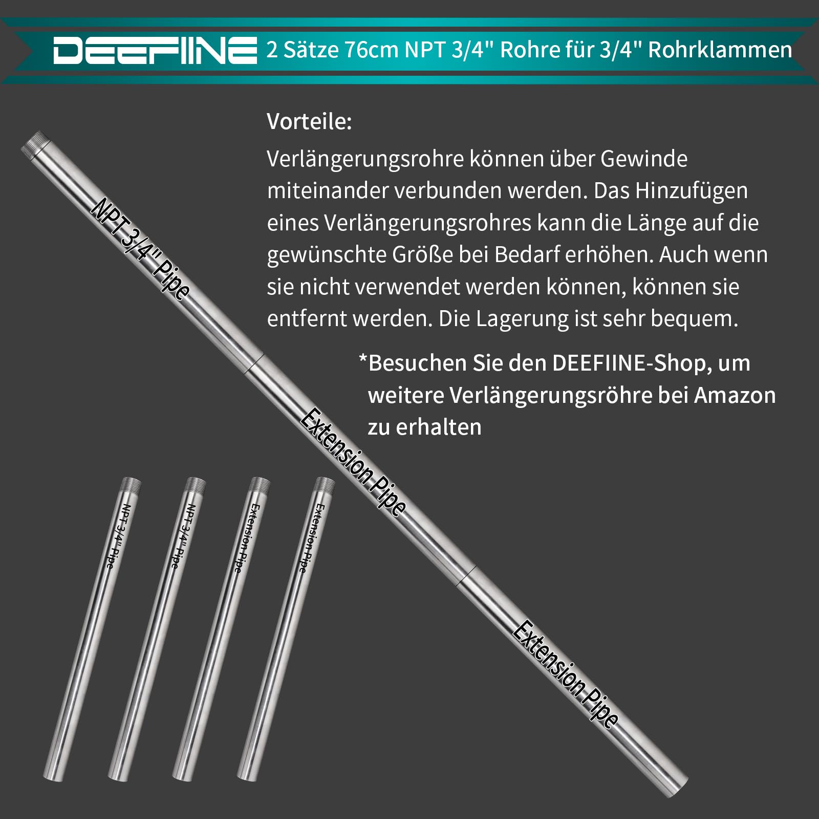 2 Stück 76CM 3/4 Zoll Gewindestandard Edelstahl-Rohrverschraubung Fit rohr-schraubzwinge 3/4 zoll mit 2 Stück 76CM Verlängerungsstänge aus Edelstahl