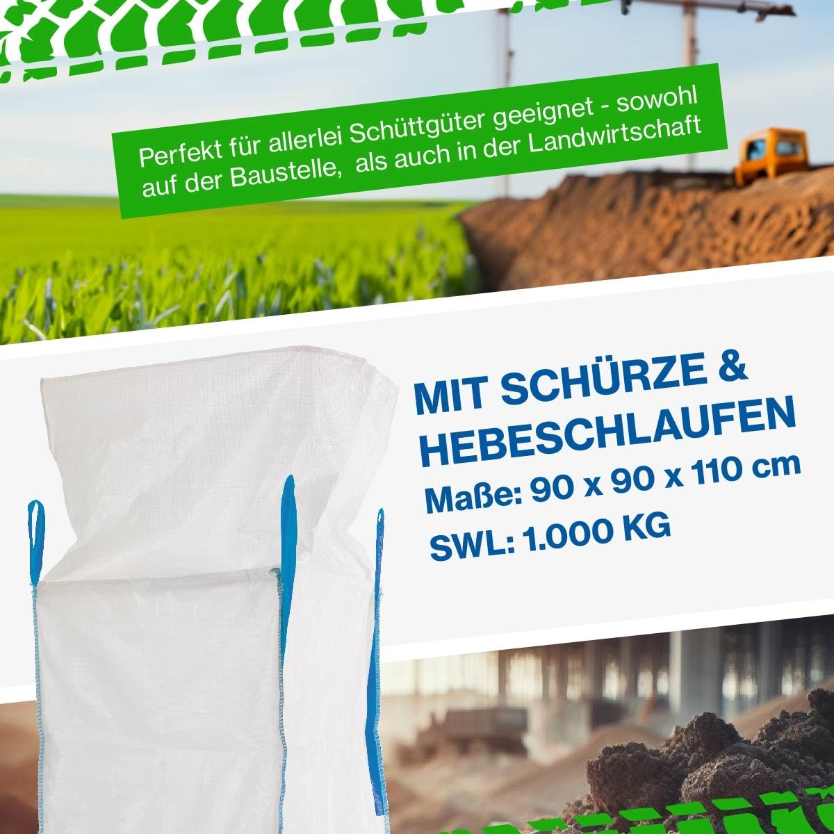 Safetytex Big Bag mit Schürze 90x90x110 cm Schüttgutbehälter (10 Stück) | 1000 kg Tragfähigkeit, robuster Transportsack, für Schüttgüter, Entsorgung, reißfest, langlebig, leicht befüllbar