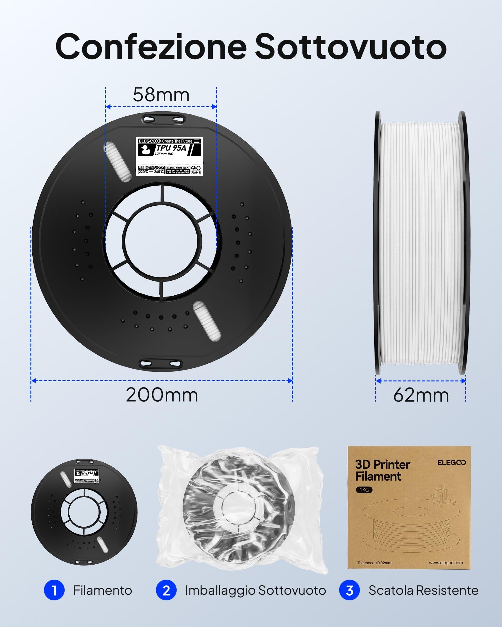 ELEGOO TPU 95A Filamento per Stampanti 3D 1,75 mm Grigio 1KG, TPU Filamento Flessibile Morbido per Stampa 3D, Bobina da 1kg Compatibile con la Maggior Parte delle Stampanti 3D FDM