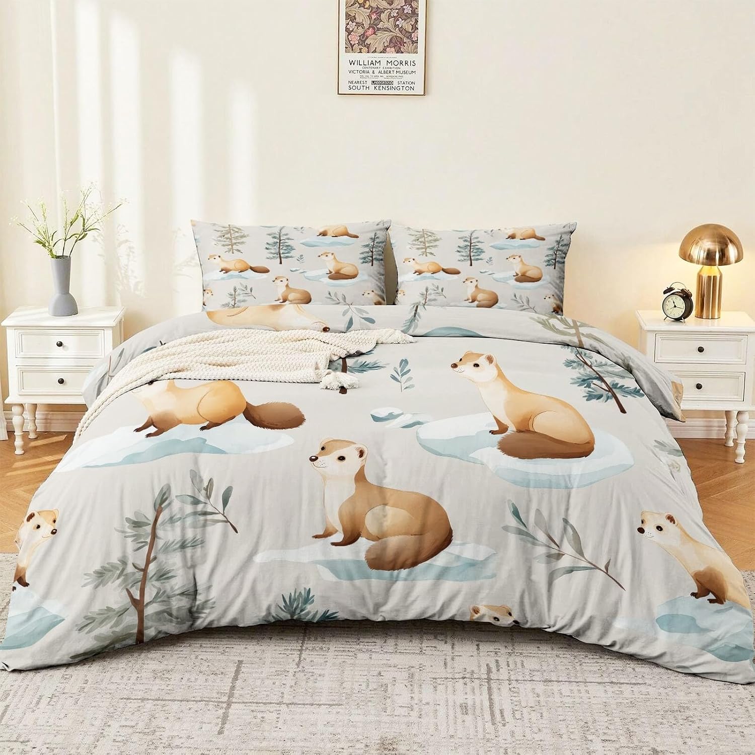Duvet Cover Full Size Christmas Bear Pattern Reversible Bedding Set, Super Soft Hypoallergenic Microfiber, Zipper Closure Cartoon Style Soft Lightweight Bedding for Teen Kids Boys Girls, White