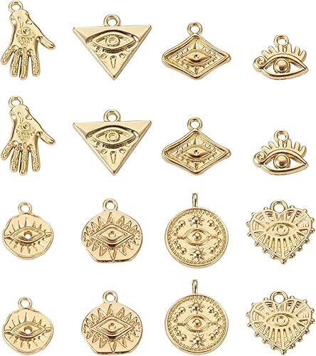 Craftdady 32 dijes de aleación contra el mal de ojo, diseño geométrico dorado, rombo, triángulo, corazón, ojo a granel, para mujer, pulsera y
