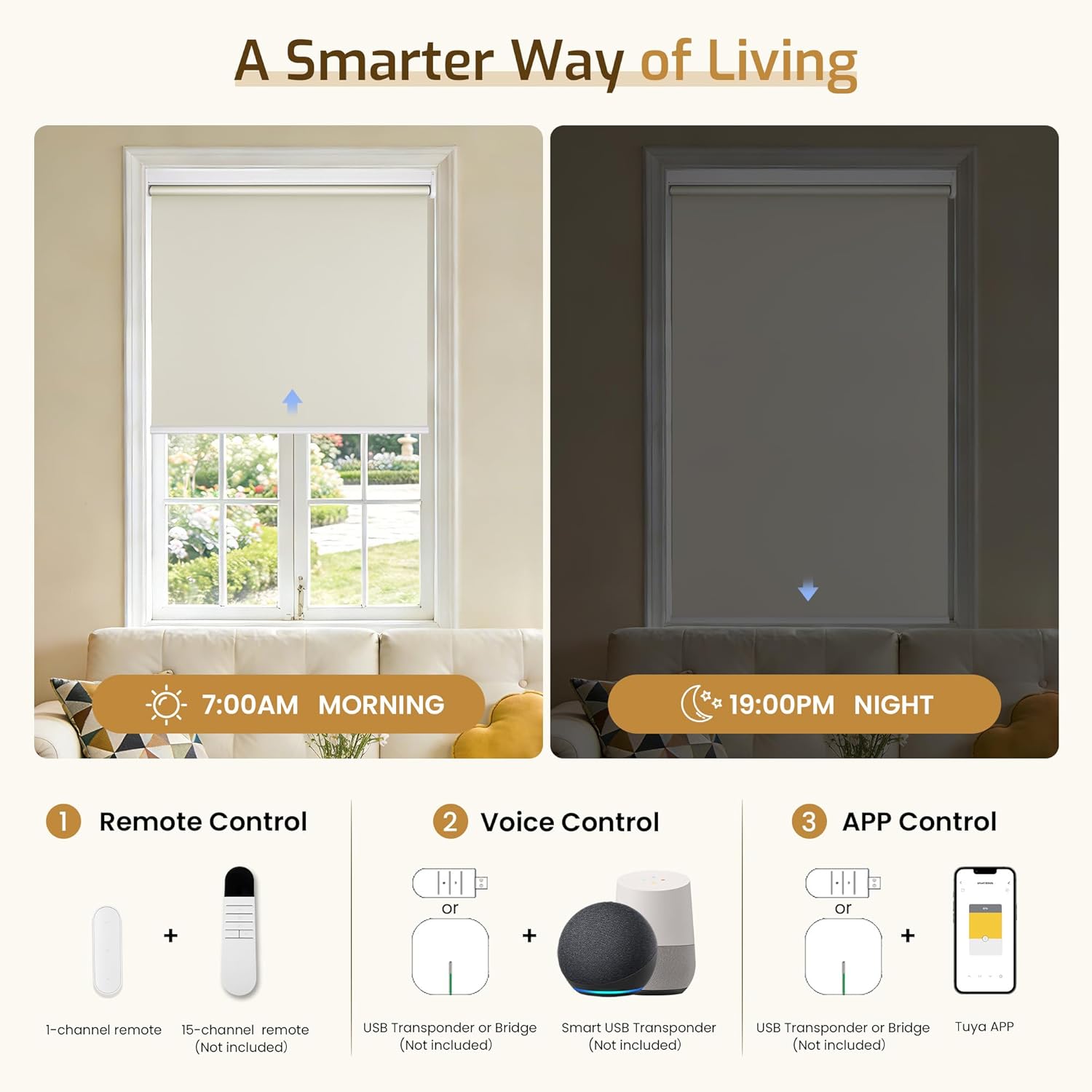 Grandekor Motorized Blinds with Remote | Blackout Cordless Electric Roller Shade, Compatible with Alexa/Google Assistant/Tuya App (2.4G WiFi), for Bedroom, Living Room & Office,Cream-white|23"W x 72"H Cream-white 23"W x 72"H