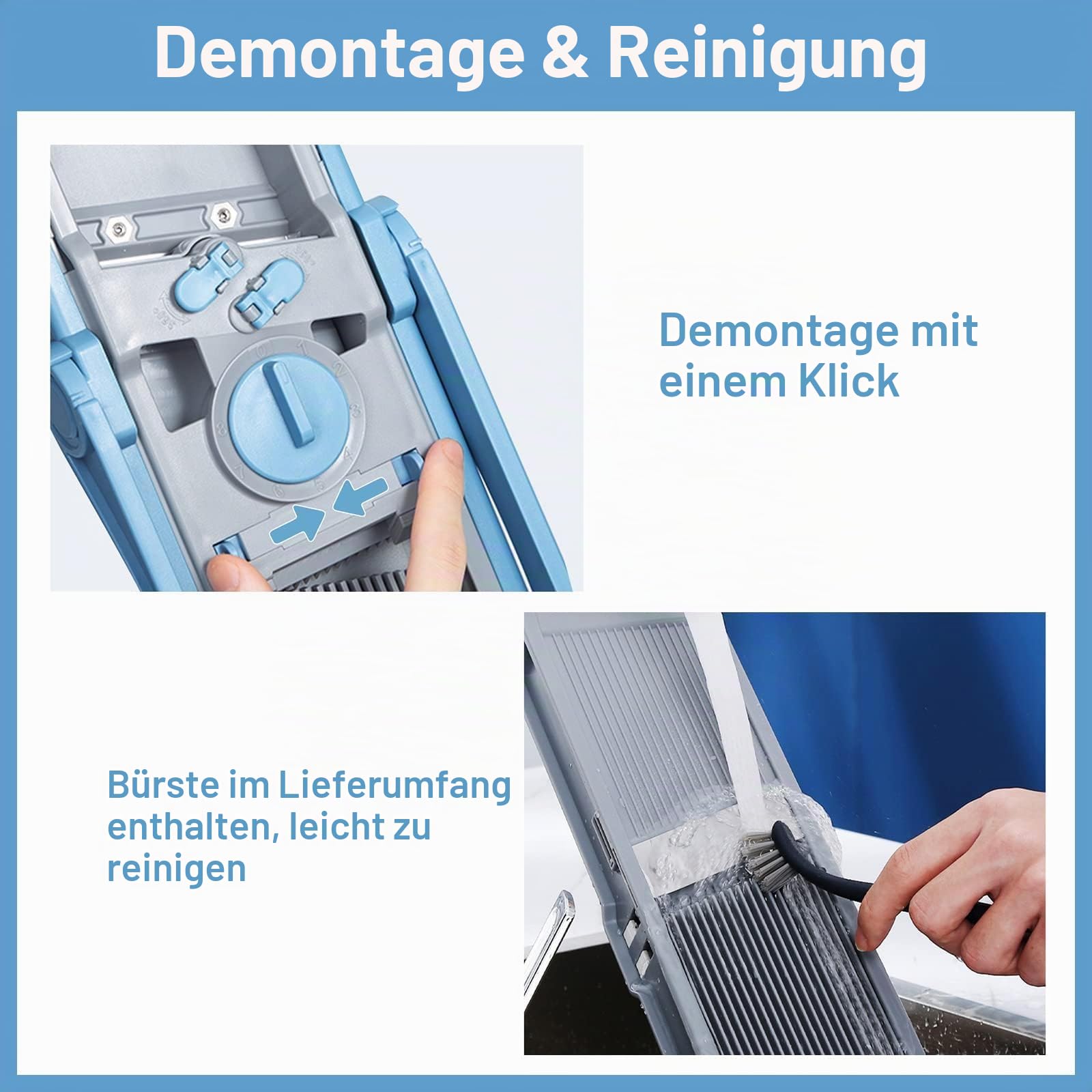 ONCE FOR ALL Gemüseschneider mit Auffangbecken (Blau) | Gemüsehobel ideal als Pommesschneider&Kartoffelschneider,Zwiebelschneider Gurkenhobel - Würfelschneider, Julienner,Geschenk