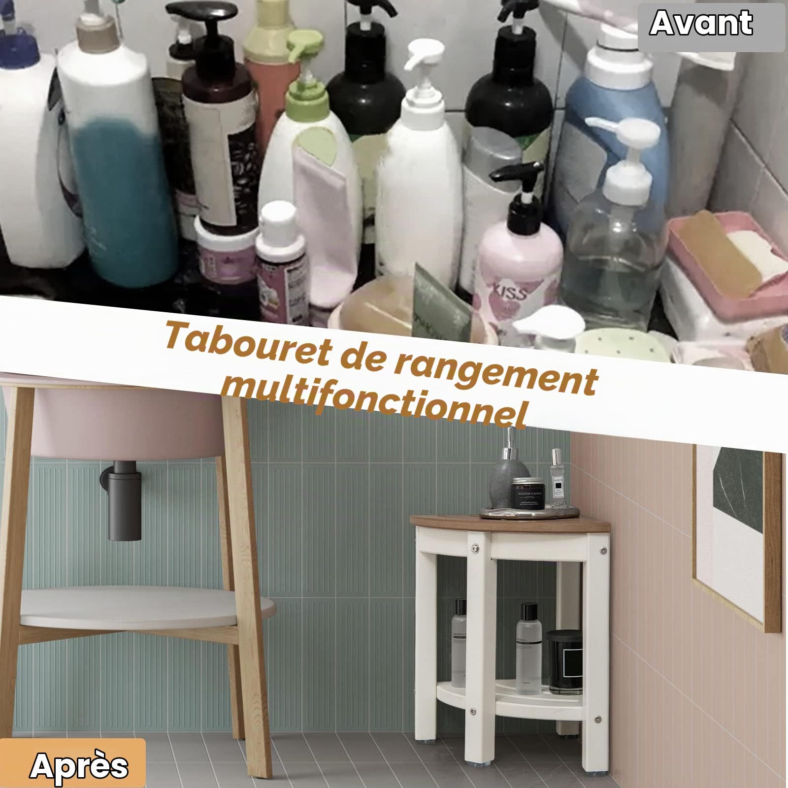 LIFEZEAL Tabouret de Salle de Bain à 2 Niveaux, Banc de Douche Solide en HDPE Jusqu’à 150 kg, Tabouret de Douche avec étagère de Rangement pour Adultes, Seniors, (Blanc+Café)