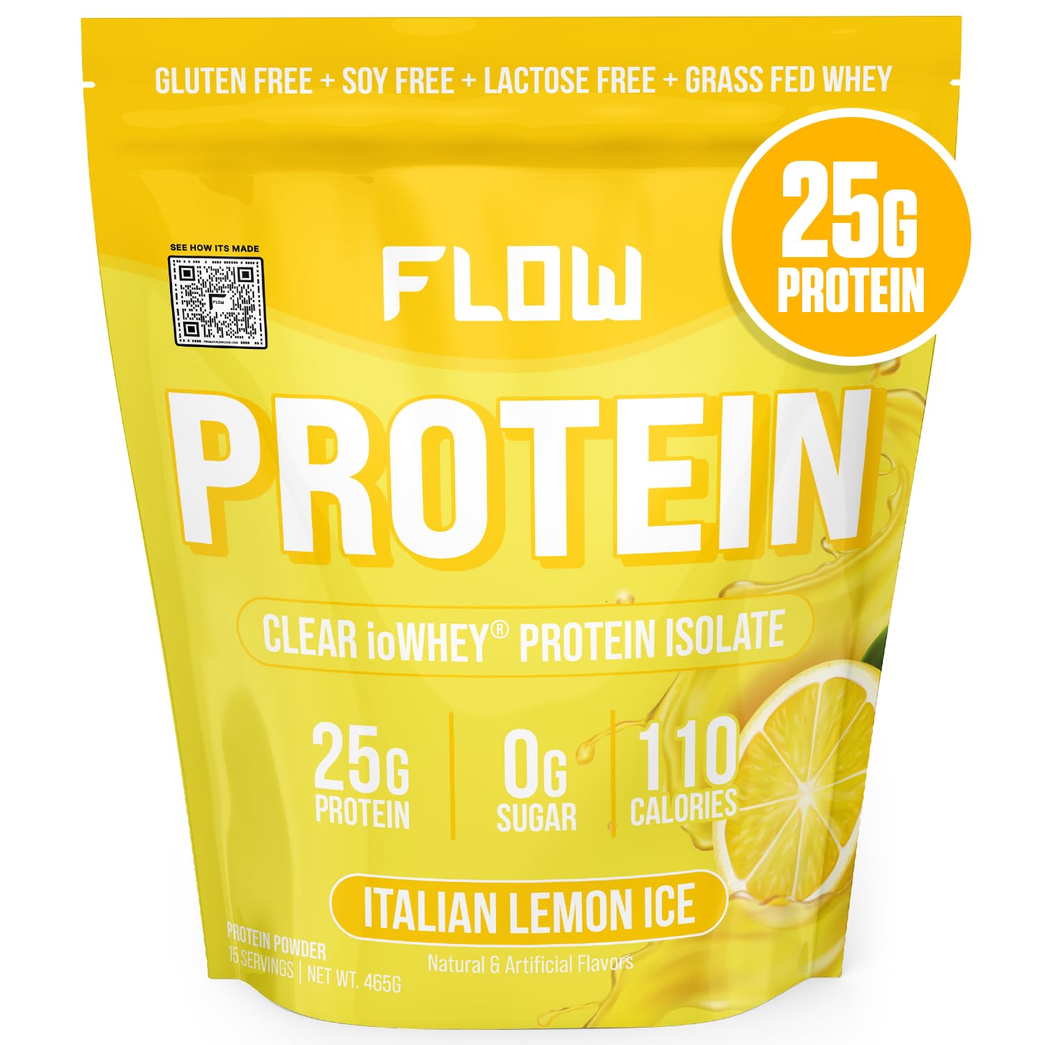 Flow Supps Clear Whey Isolate Protein Powder - Italian Lemon Ice - 15 Servings, 25g Protein Per Serving, 110 Calories - 0g Lactose, 0g Sugar, 0g Fat, 0g Soy - Juicy Refreshing Fruit Protein