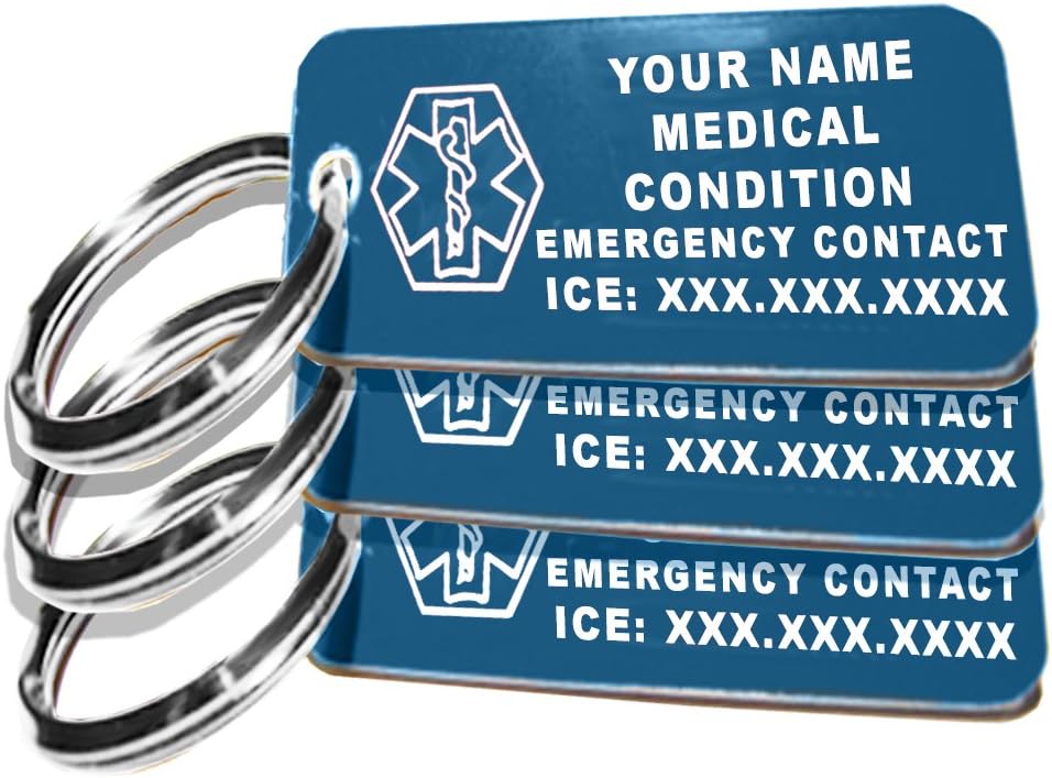 Custom Engraved Medical Alert ID Keychain Tag, Plastic, Rectangle, Red, Small 2.25 x .79 Inch, 10 Pack