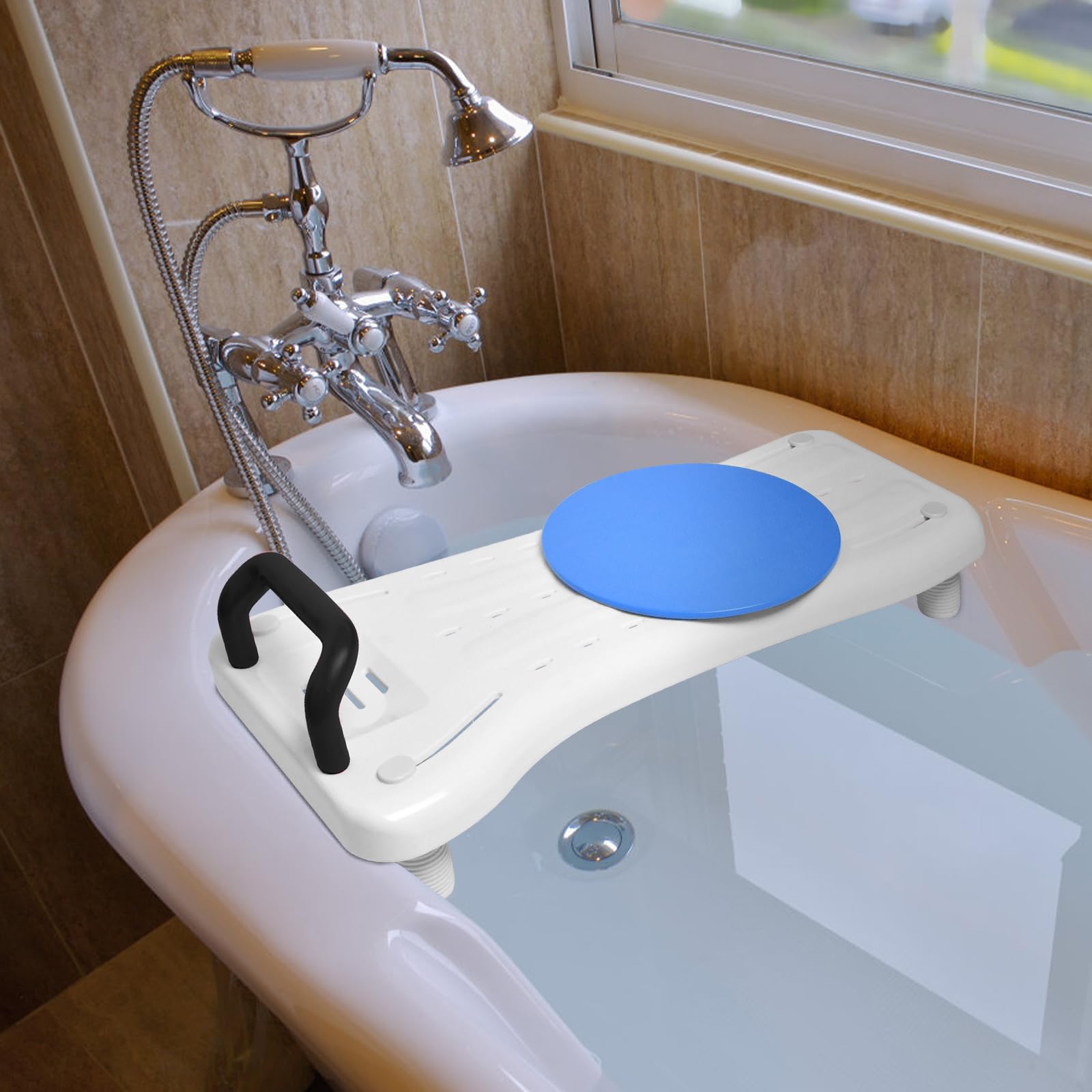 Aufun Badewannenbrett ca.75cm lang, Badewannensitz Erwachsene Senioren Wannensitz Sitzbrett mit Seifenablage, Drehscheibe und Griff, Stuhl für Badezimmer (Schwarz Haltegriff)