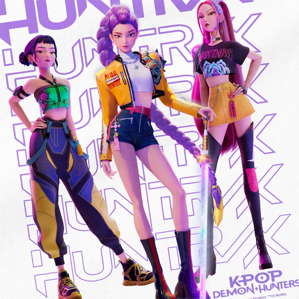 Kpop Demon Hunters Huntrix Golden Trio Pose Grocery Travel Reusable Tote Bag, White