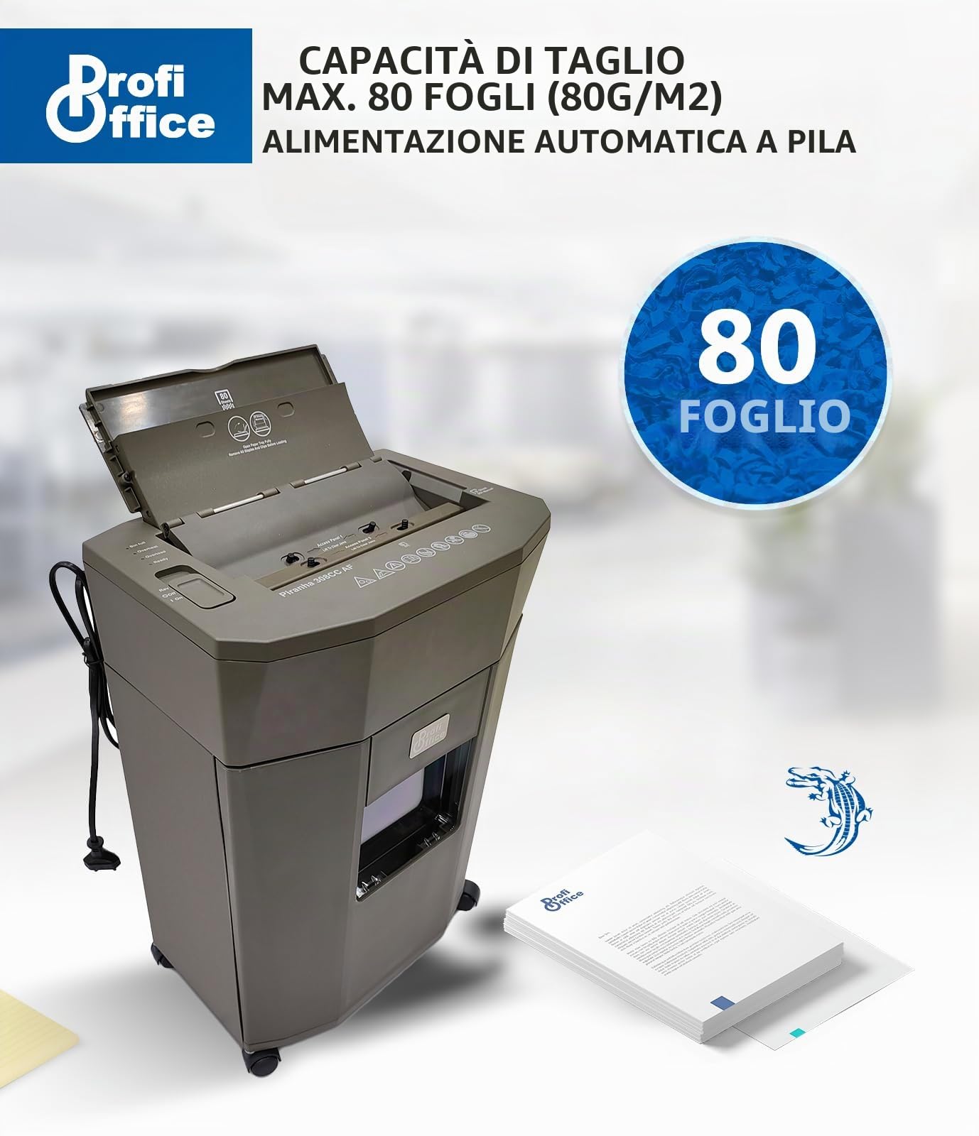 Profi Office Piranha 308 AF Distruggidocumenti con Taglio a Particelle P-4 - Alimentazione Automatica 80 Fogli, Affidabile e Veloce, Conforme al GDPR (91951)