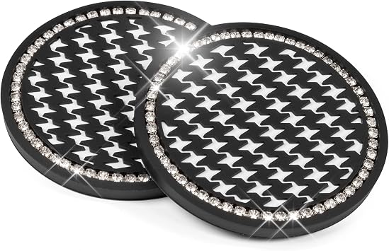 Carbella Houndstooth Bling Car Cup Coasters 2-Pack, Crystal Rhinestone Bling Coasters for Car, Stylish Automotive Coaster Car Accessories, Fits Most Cars Trucks Van SUV, Black CBAC5332
