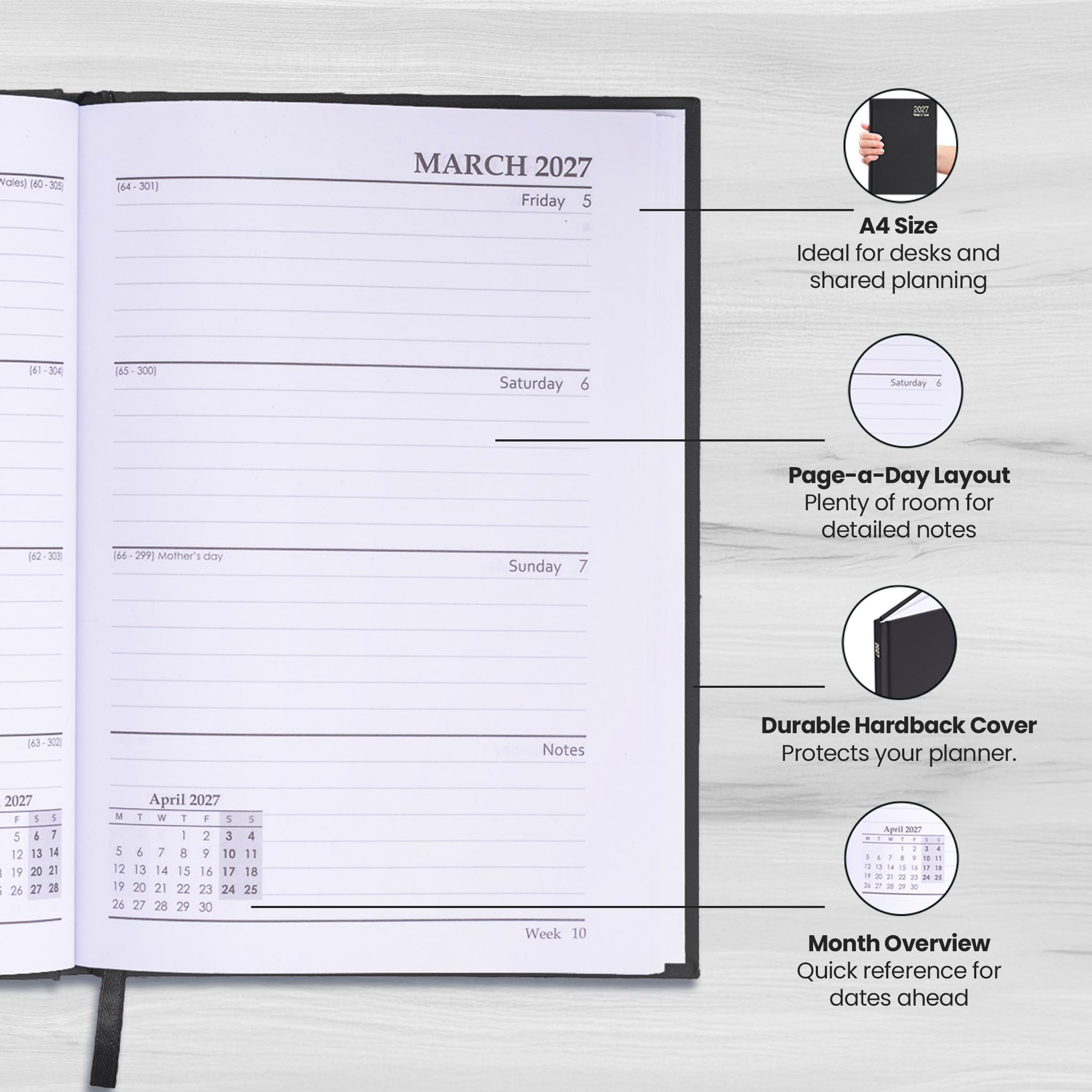 evelay Agenda de 2025, tamaño A4, una página por día, con tapa dura, año completo, calendario diario, color negro (idioma español no garantizado)