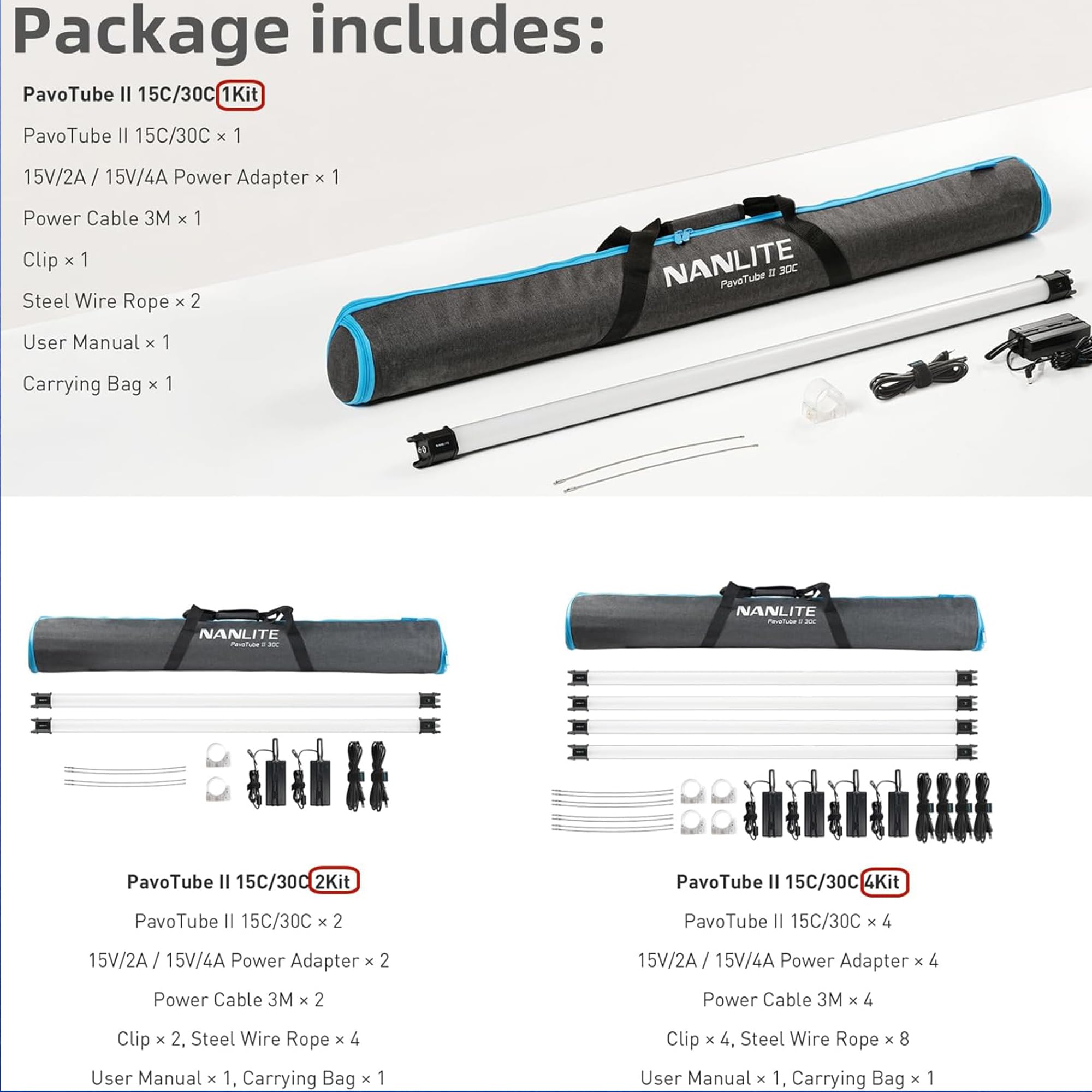 NANLITE PavoTube II 15C/30C RGBWW - Tubo de luz LED - 2700K-7500K bicolor + RGB, luz de video de mano para estudio de fotografía, funciona con pilas con soportes y funda (1 kit, PavoTube II 15C)