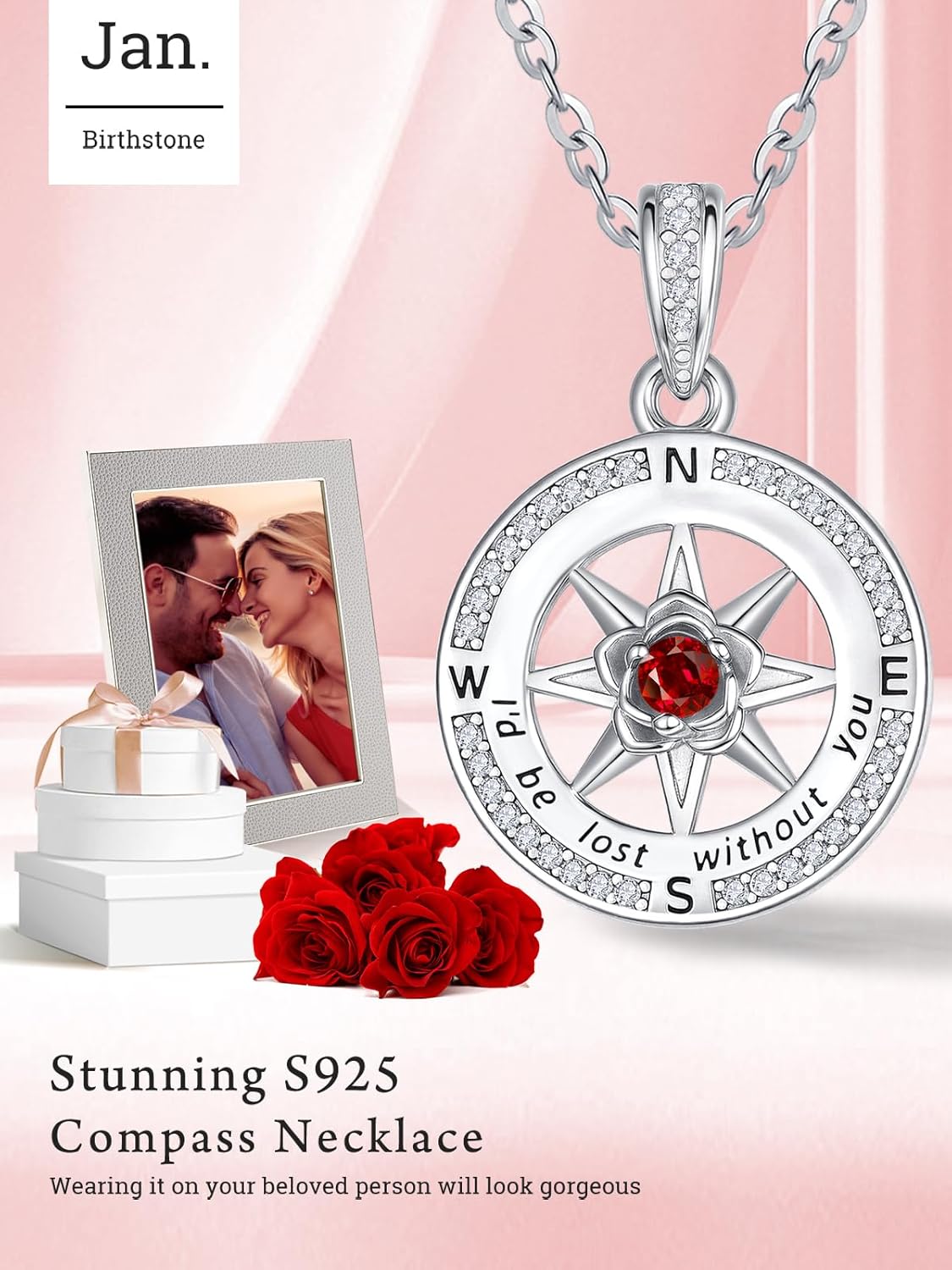 Compass Necklace for Her, White Gold I'd Be Lost Without You Compass Jewelry Travel Gift, Girlfriend Wife Daughter Mom Birthday Gifts with Birthstone Pendant - Image 4