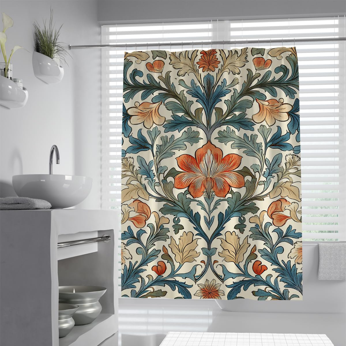 OLLIAR Home Cottagecore Floral Shower Curtains 240x180 Vintage Wildflower Botanical Bathroom Decor Blue Orange Flower Waterproof Fabric Curtain with Hooks