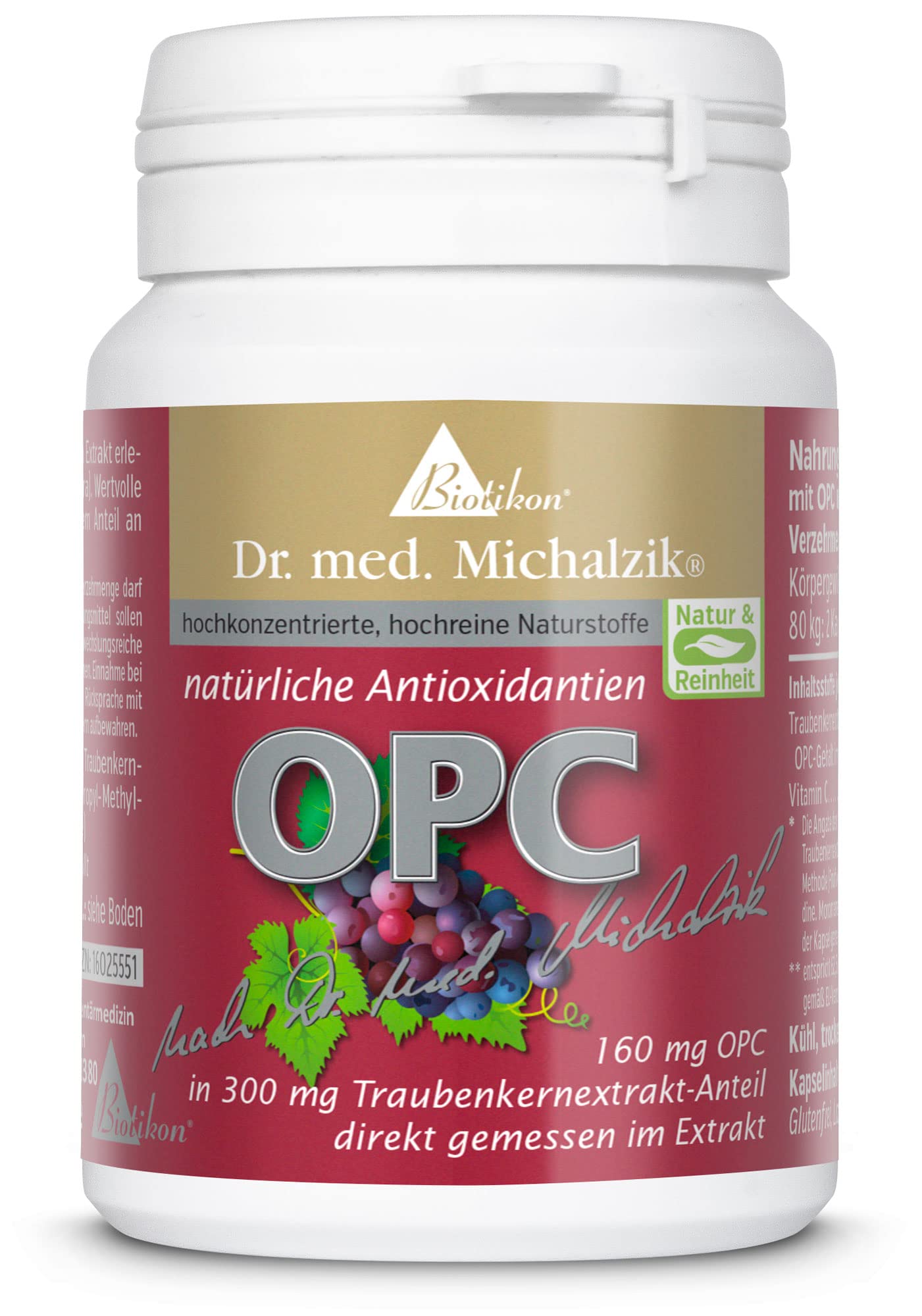 OPC Dr. med. Michalzik - Premium-Traubenkern-Extrakt | Tagesdosis Traubenkern-Extrakt [600mg], davon OPC-Gehalt [320mg], Vitamin C [100mg] | ohne Zusatzstoffe - von BIOTIKON®