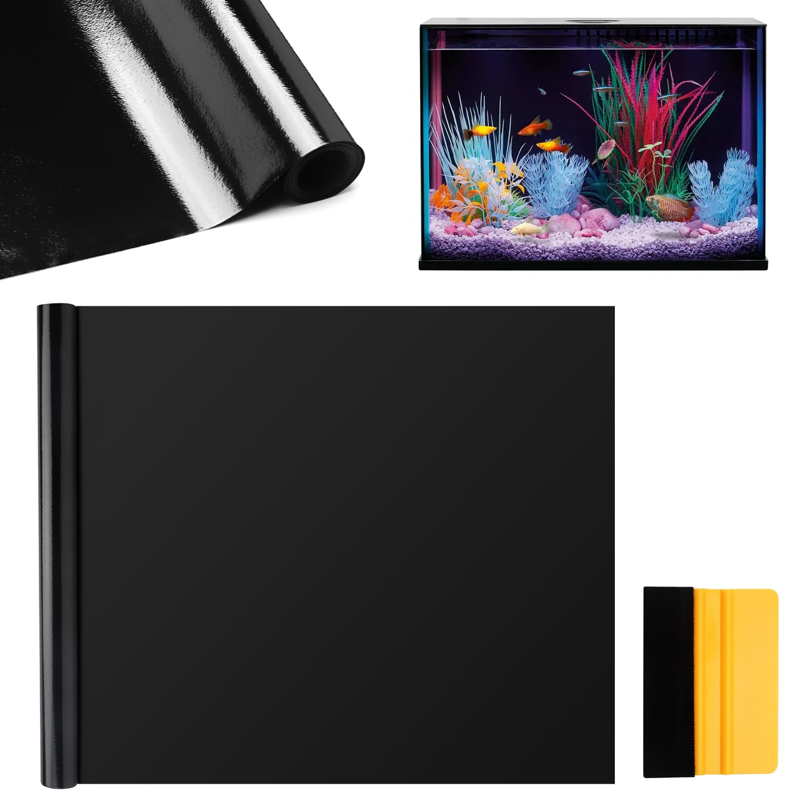 Adesivo Statico Sfondo Acquario, 40 x 200 cm Pellicola per Parete Posteriore dell' Acquario, Pellicola Autoadesiva per Acquario Pellicola Adesiva Nera Nero PVC Pannello Posteriore Ritagliabile