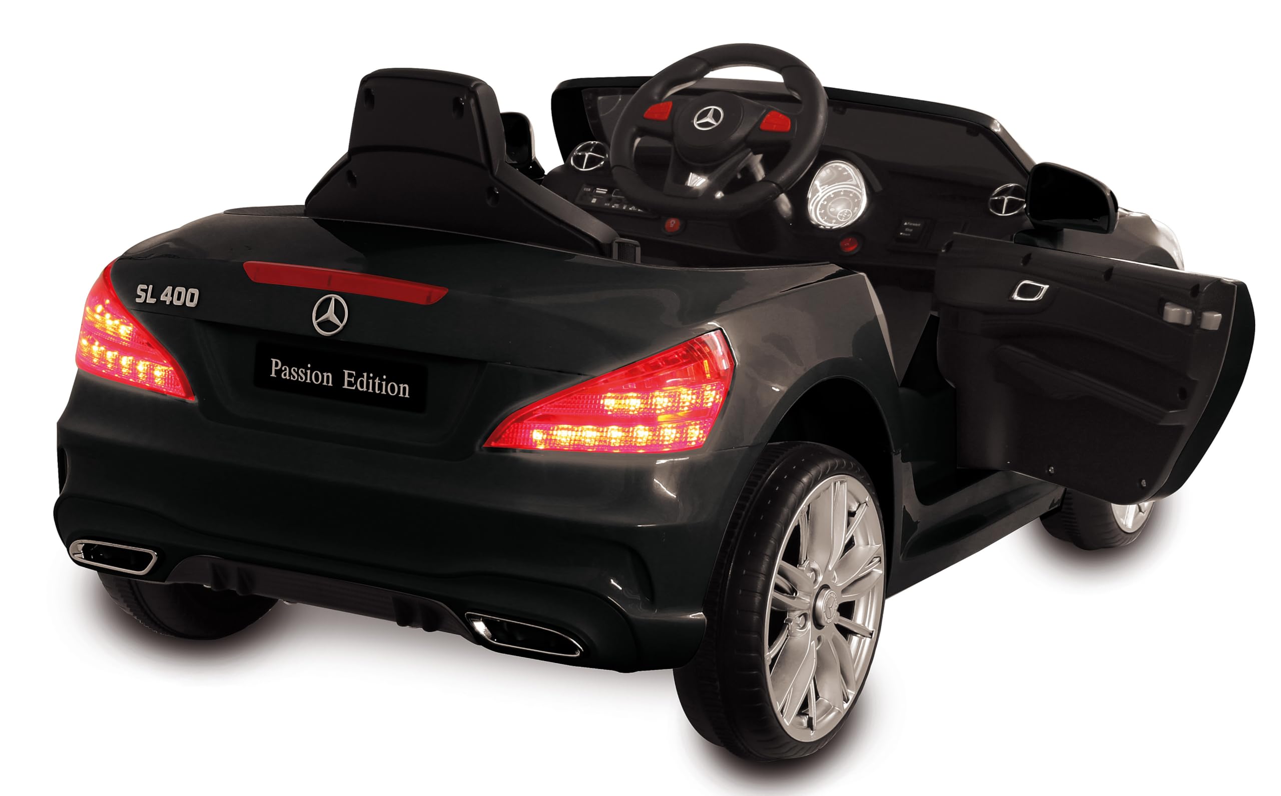 JAMARA 460439 Ride-on Mercedes-Benz SL 400 12V – Kinder Elektroauto, 2 Leistungsstarke Antriebsmotoren und Akku für Lange Fahrzeit, Micro-SD-Slot, AUX-/USB-Anschluss, LED, Ultra-Grip Gummiring