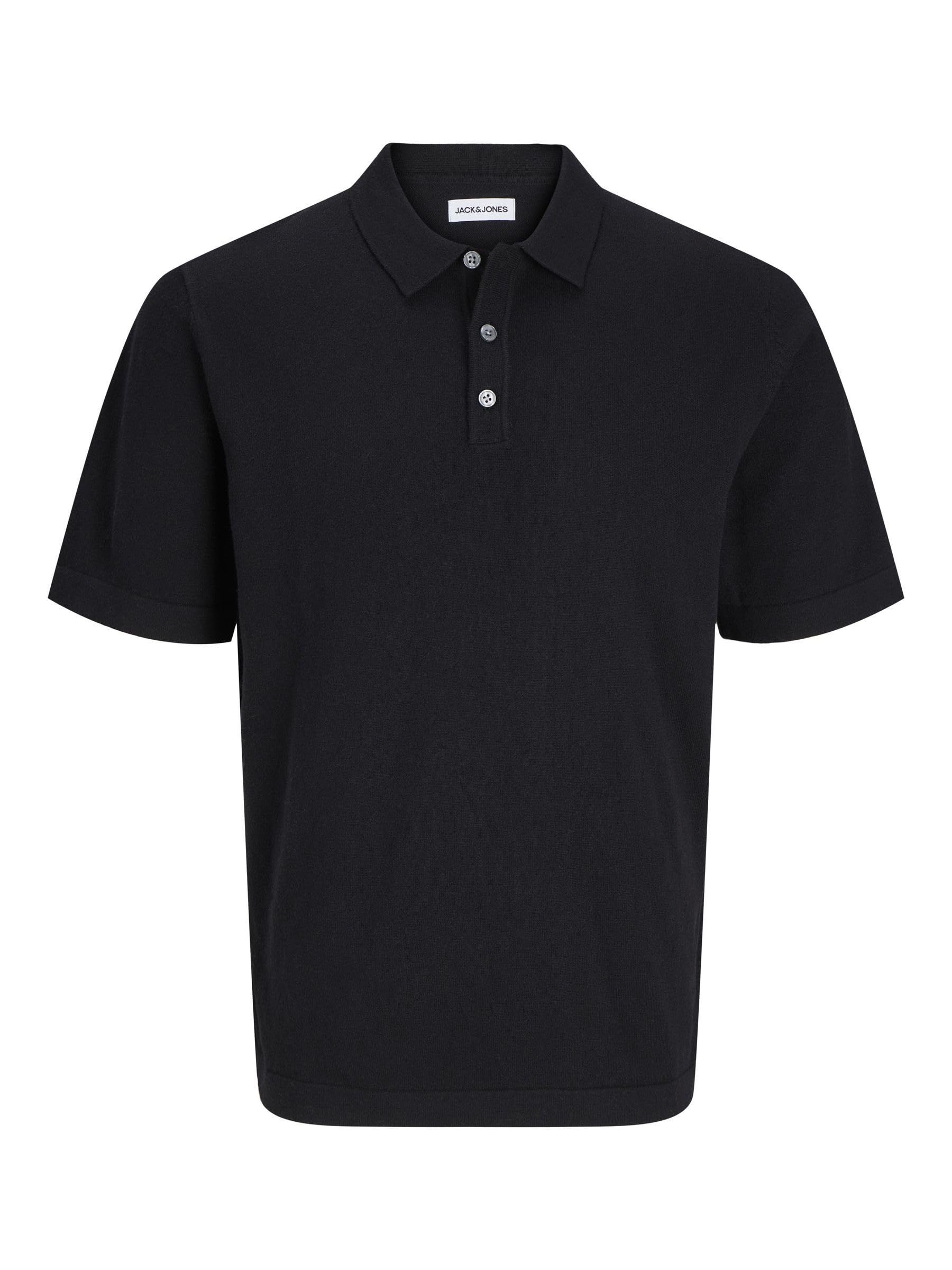 JACK & JONES Men's Jjeemil Knit Relaxed Polo Ss Sn Shirt, Black, L