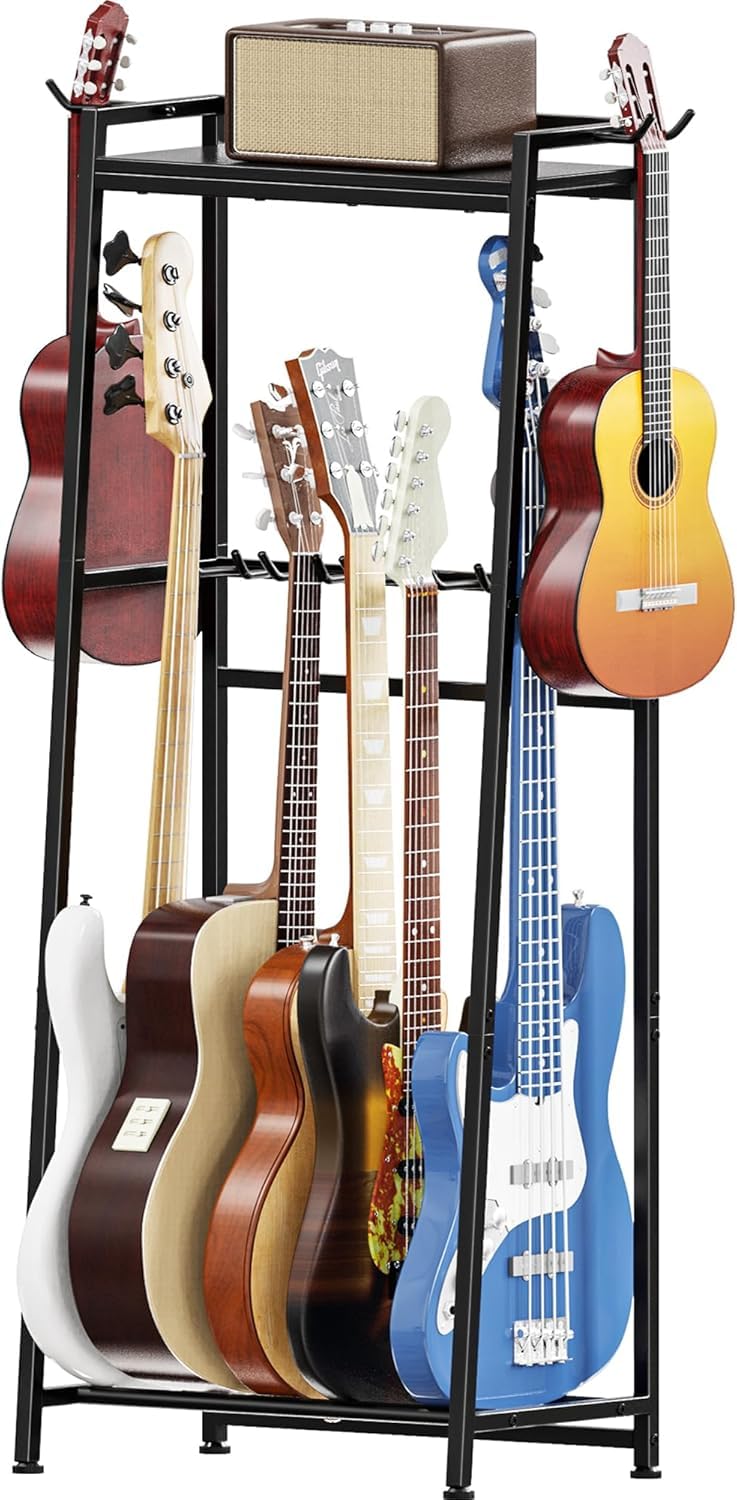 Supporto Chitarra a 2 Livelli per 5 - 7 Strumenti Chitarre Acustica Elettrica Bassi Ukulele Banjo con Ripiano ,multi Rack con imbottitura morbida per più Chitarre e Accessori Musicali