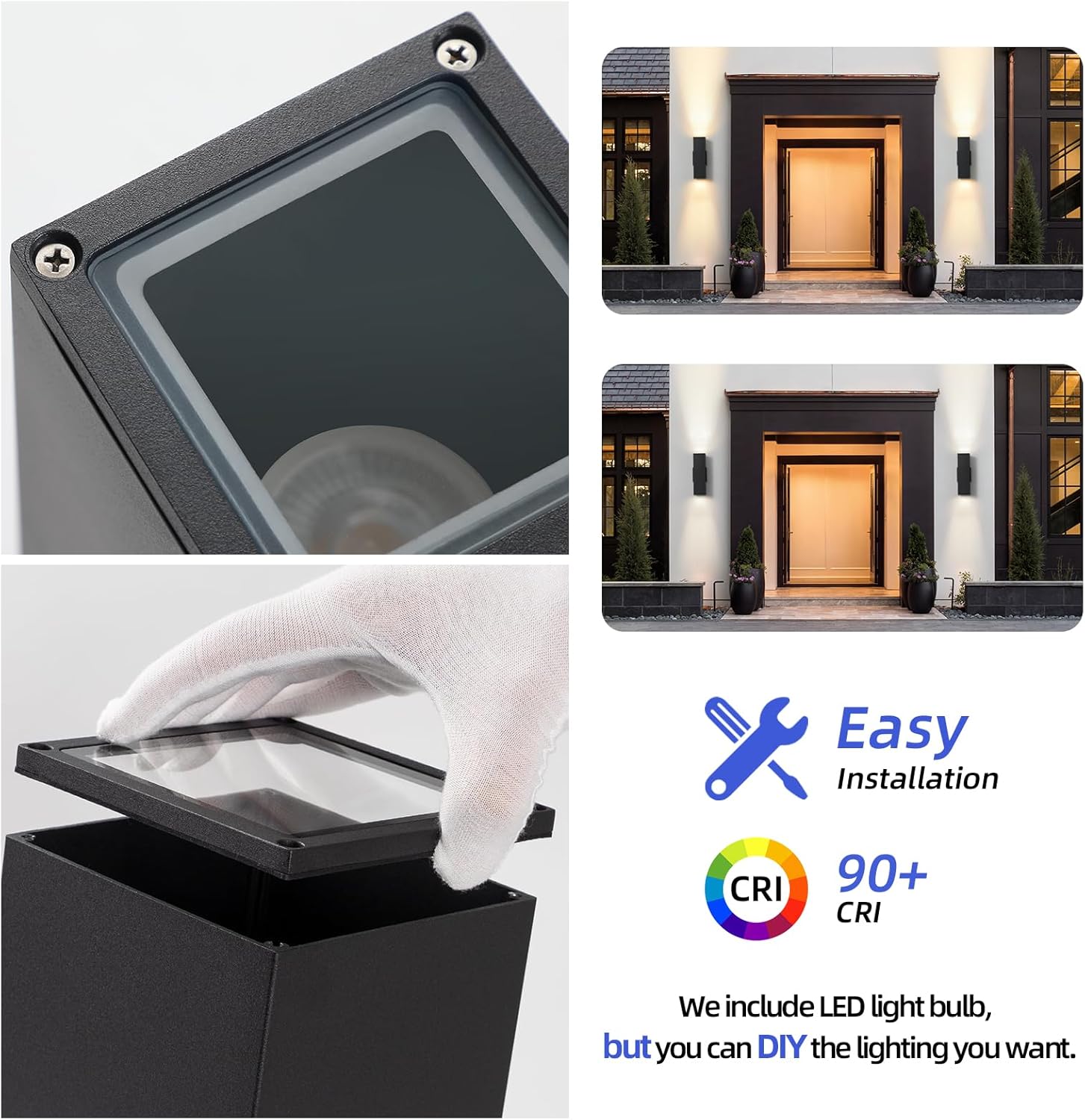 tewei 4 Pack LED Square Up and Down Lights Outdoor Wall Lights, Matte Black Exterior Lighting Fixtures with 7W LED Bulbs, Modern Outdoor Lights for House, Garage, Porch, Doorway