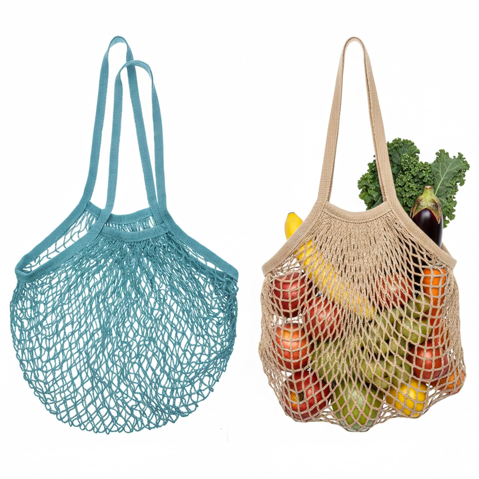 2 Pack Reusable Produce Bags, Cotton Mesh Grocery Bags, Long Handle Mesh Tote Bag for Fruit & Veggie Storage(Beige and Blue-Gray)